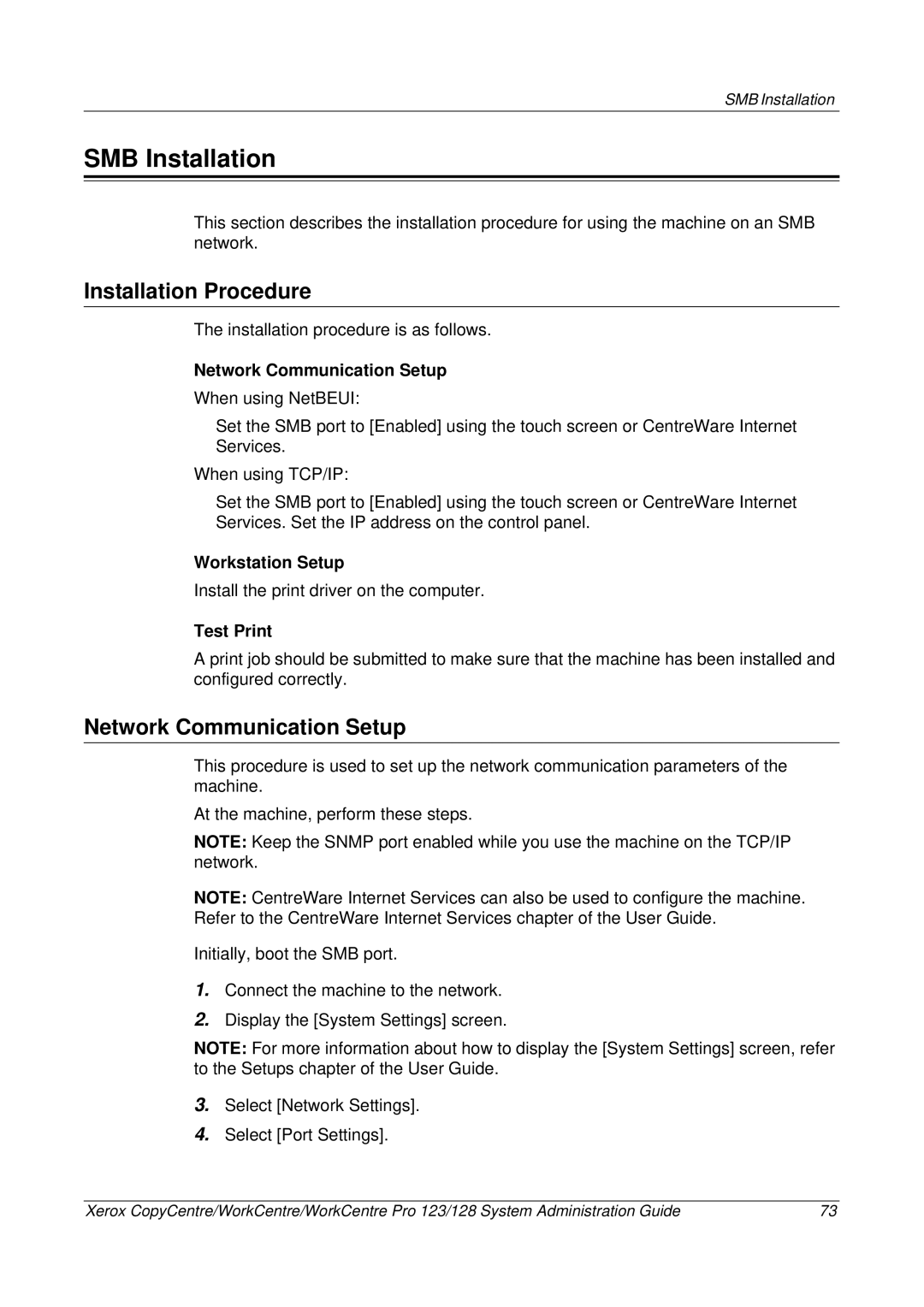 Xerox C123/C128 M123/M128 123/128 manual SMB Installation, Installation Procedure 