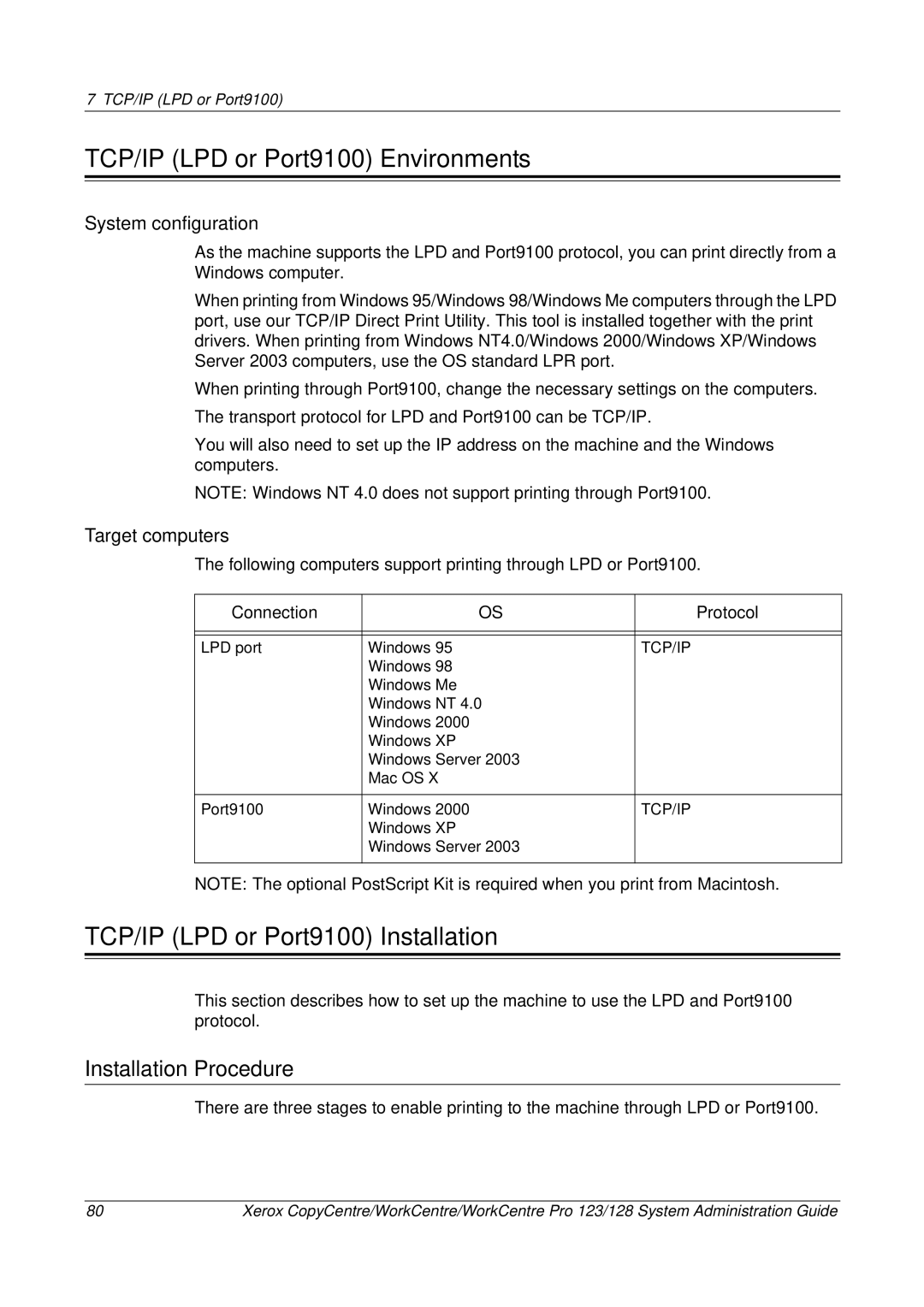 Xerox C123/C128 M123/M128 123/128 manual TCP/IP LPD or Port9100 Environments, TCP/IP LPD or Port9100 Installation 