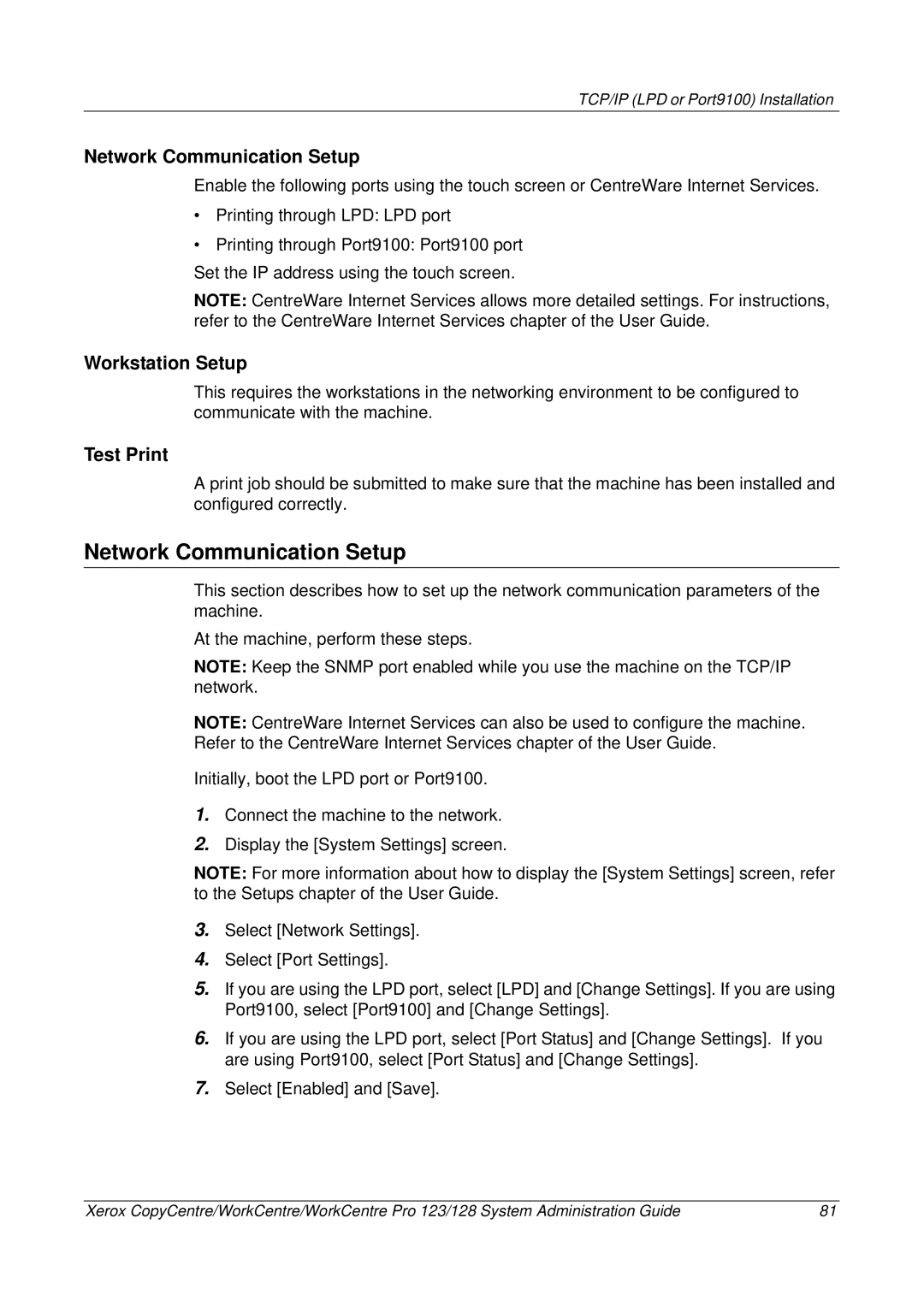 Xerox C123/C128 M123/M128 123/128 manual Network Communication Setup, Workstation Setup, Test Print 