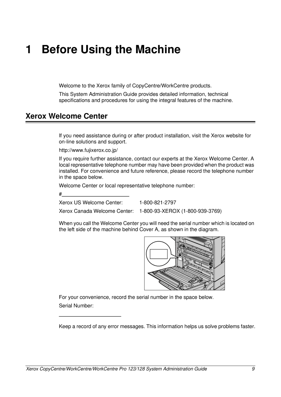 Xerox C123/C128 M123/M128 123/128 manual Before Using the Machine, Xerox Welcome Center 