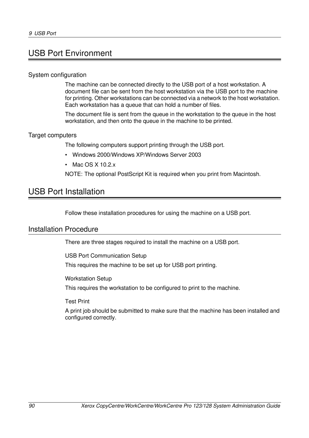 Xerox C123/C128 M123/M128 123/128 manual USB Port Environment, USB Port Installation, USB Port Communication Setup 