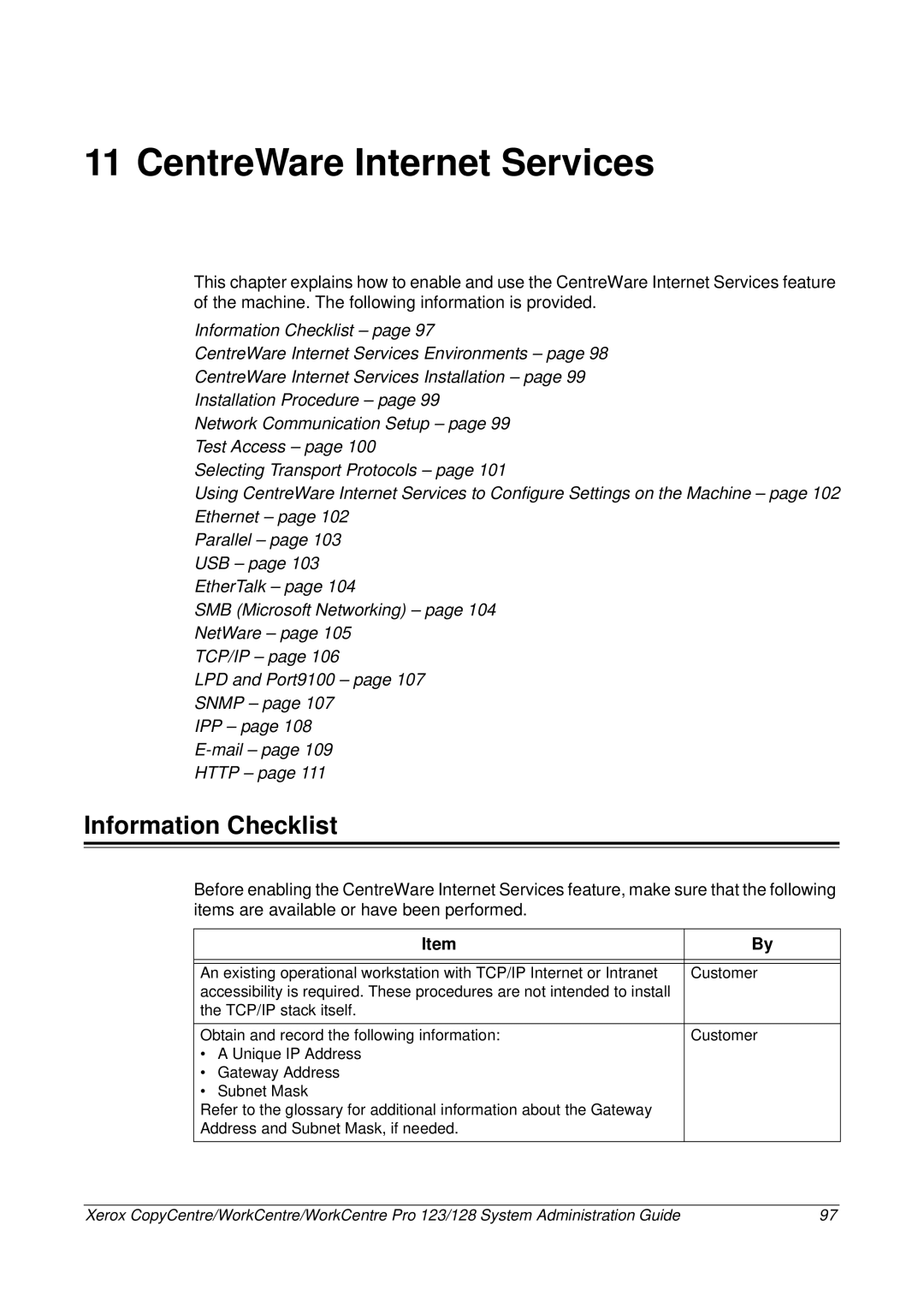 Xerox C123/C128 M123/M128 123/128 manual CentreWare Internet Services, Information Checklist 