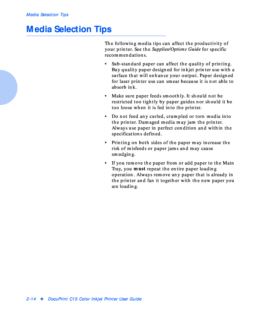 Xerox C15 manual Media Selection Tips 