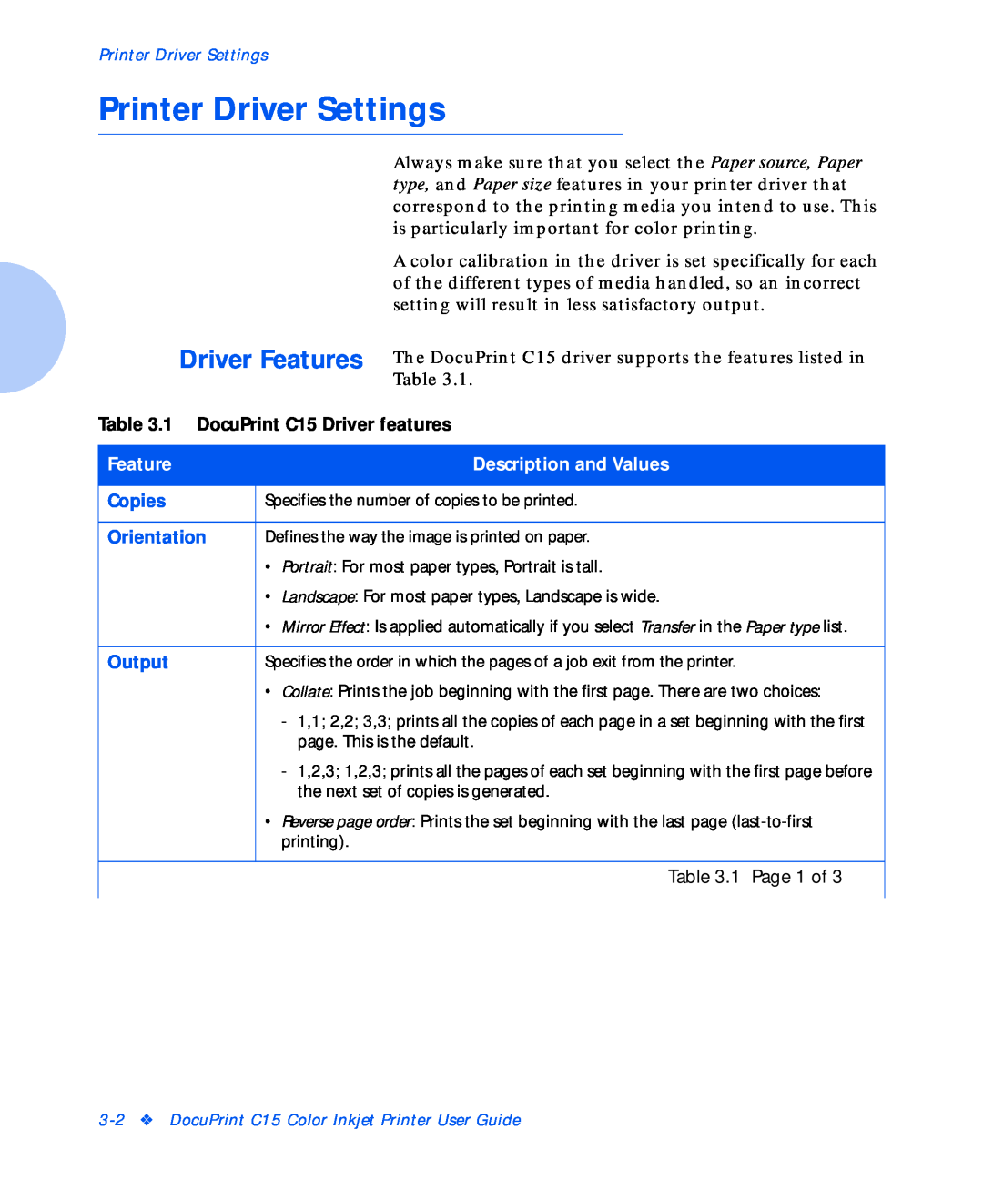 Xerox Printer Driver Settings, Driver Features, 1 DocuPrint C15 Driver features, Description and Values, Copies, Output 