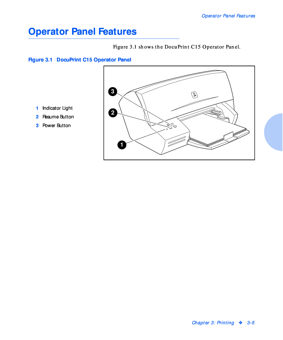 Xerox manual Operator Panel Features, 1 DocuPrint C15 Operator Panel, Printing 