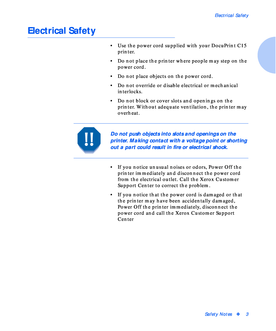 Xerox C15 manual Electrical Safety 