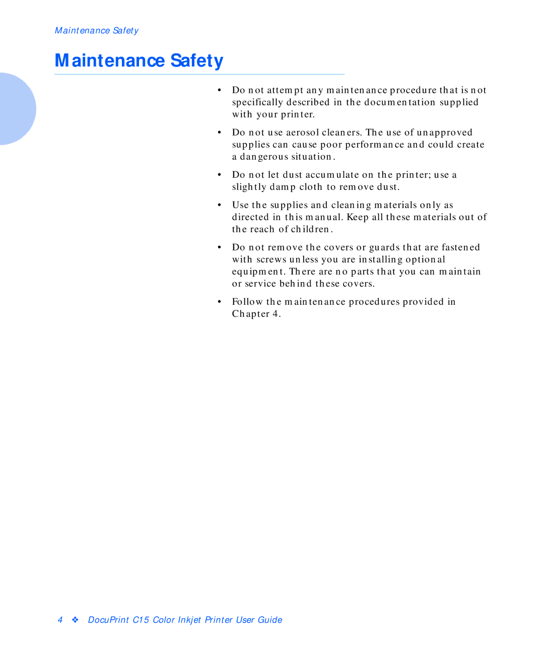 Xerox C15 manual Maintenance Safety 