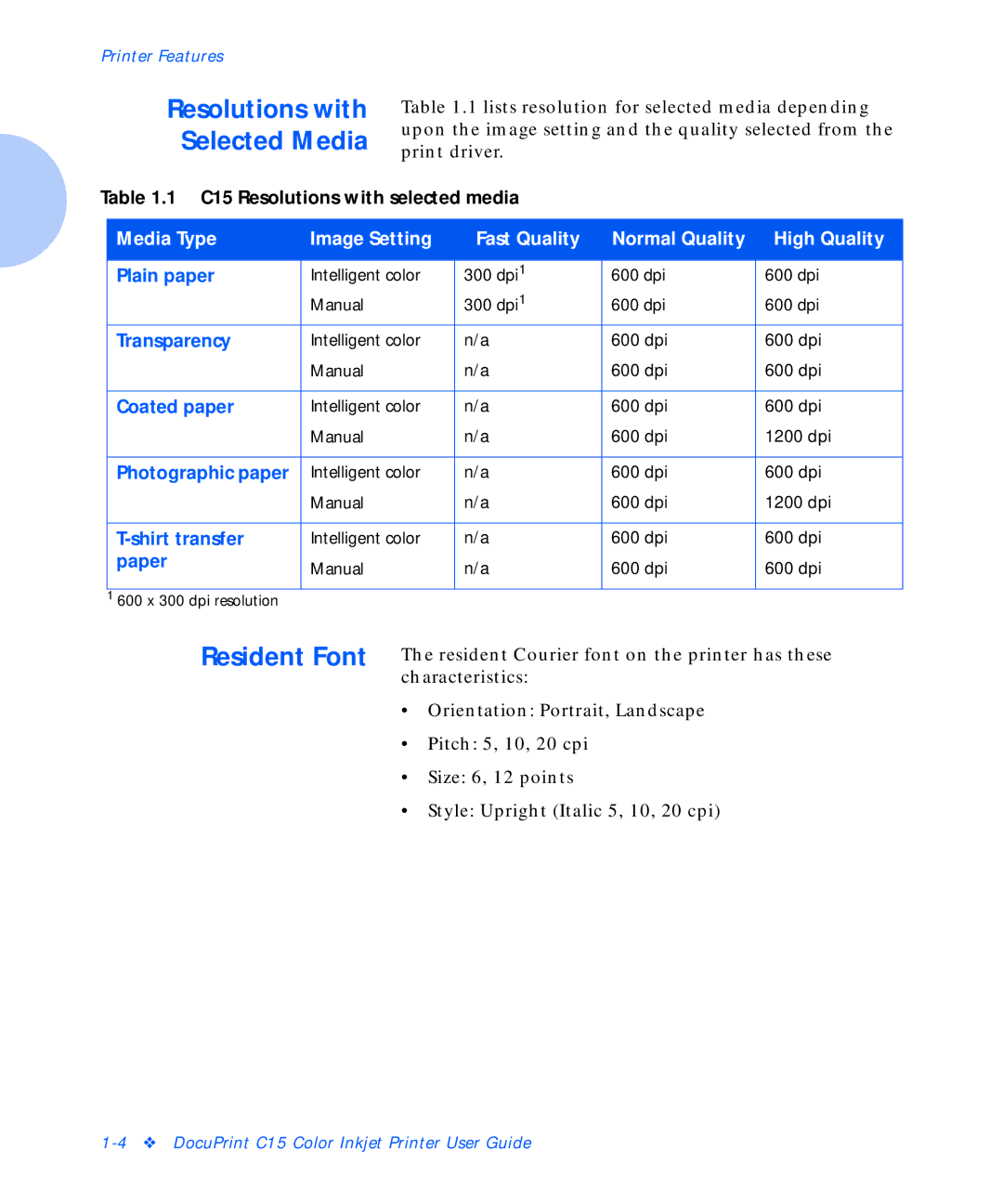 Xerox C15 manual Resolutions with Selected Media 