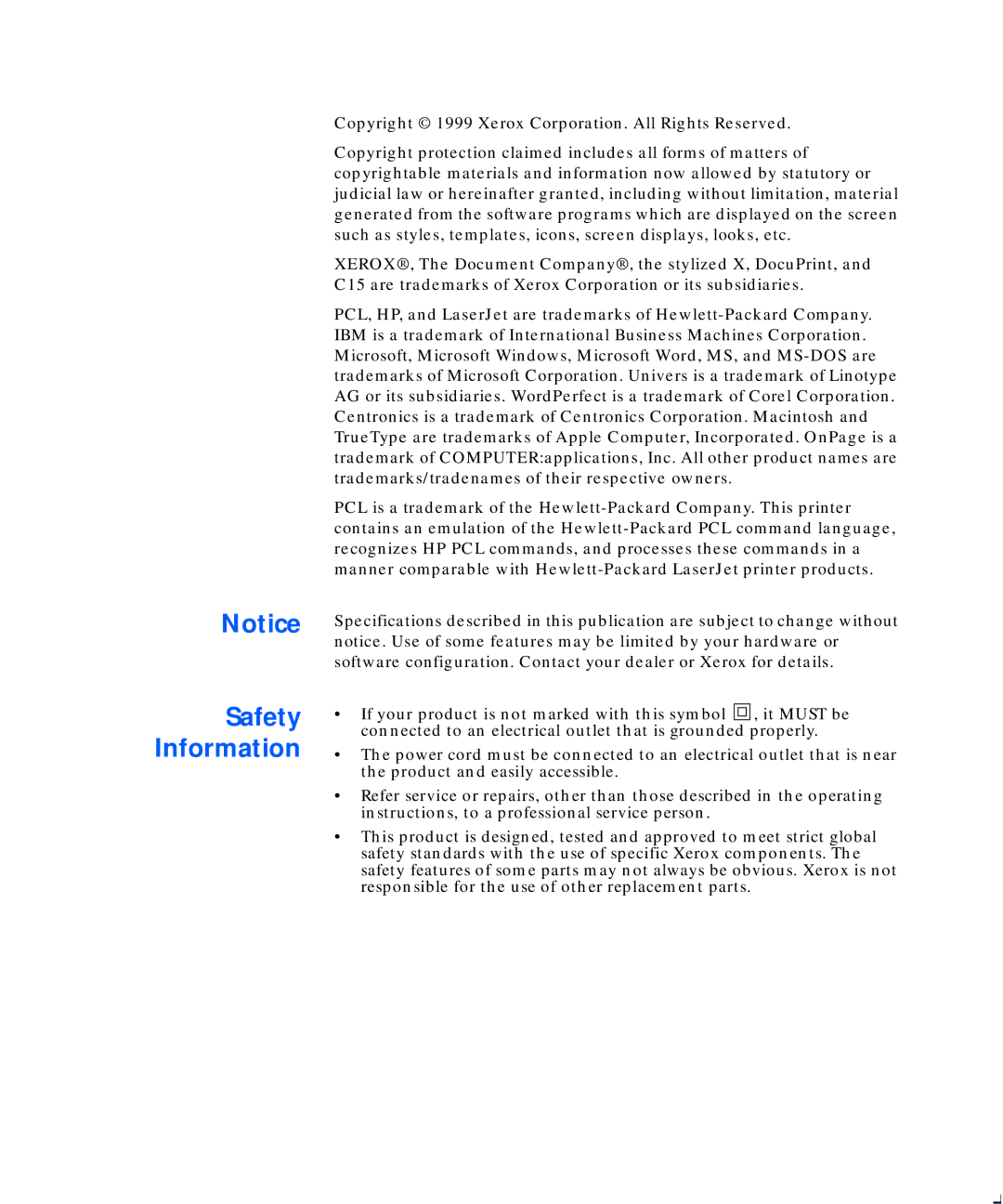 Xerox C15 manual Safety Information 