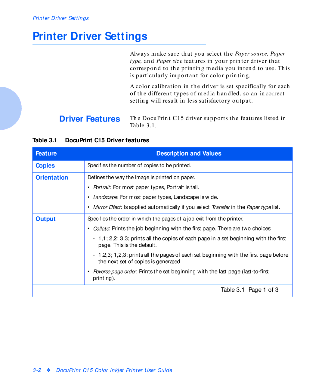 Xerox C15 manual Printer Driver Settings, Driver Features 