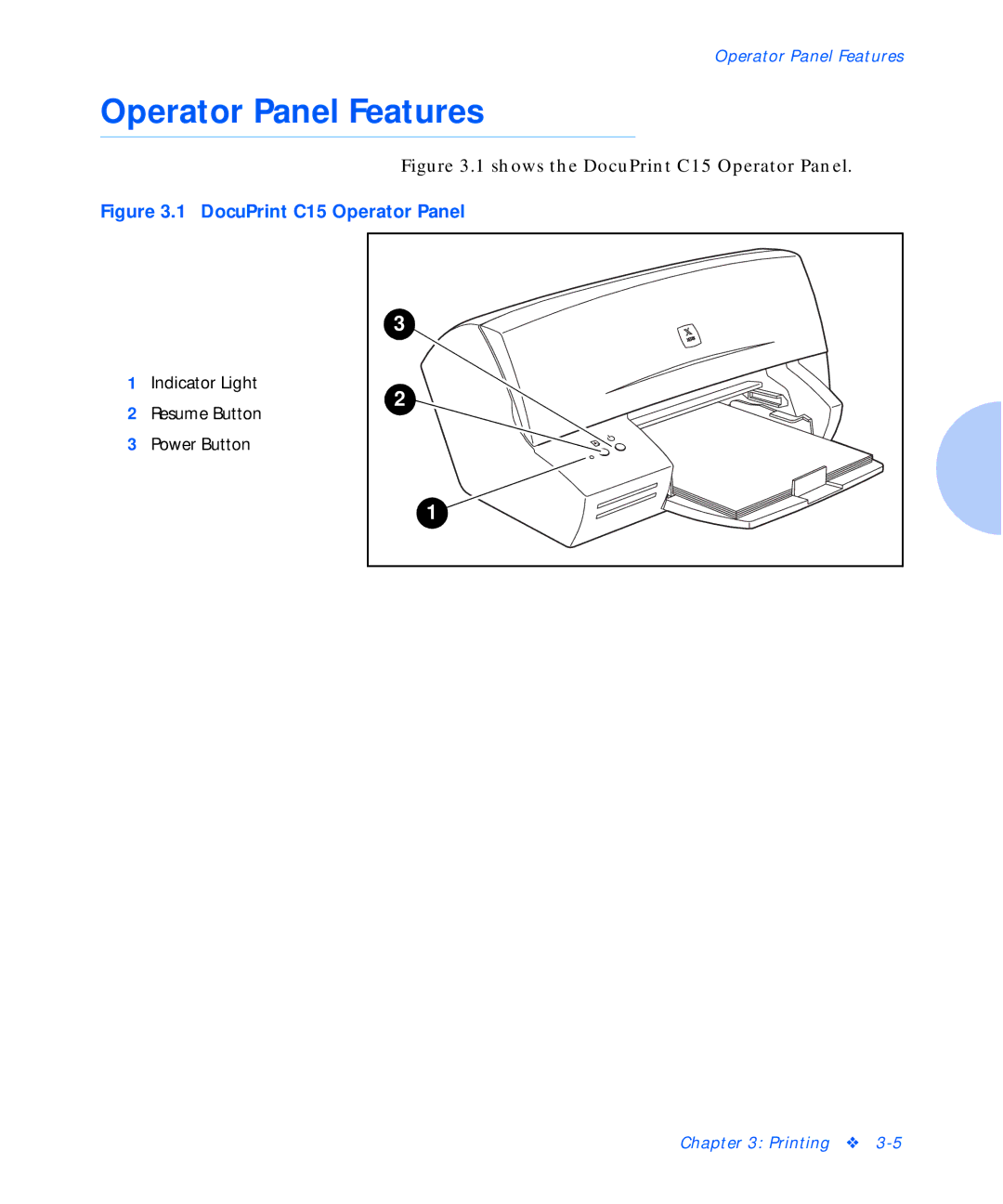 Xerox manual Operator Panel Features, Shows the DocuPrint C15 Operator Panel 