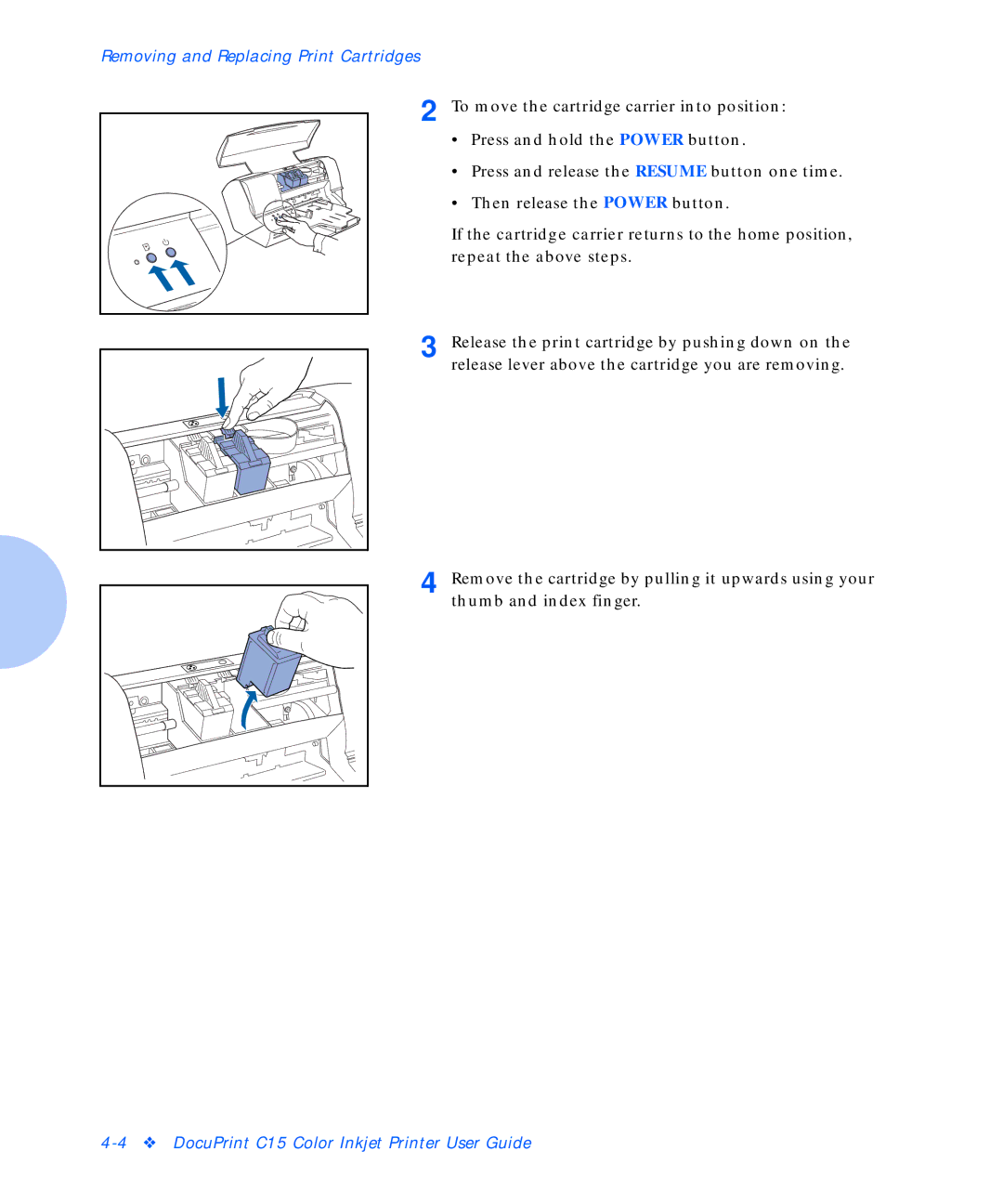 Xerox C15 manual Removing and Replacing Print Cartridges 