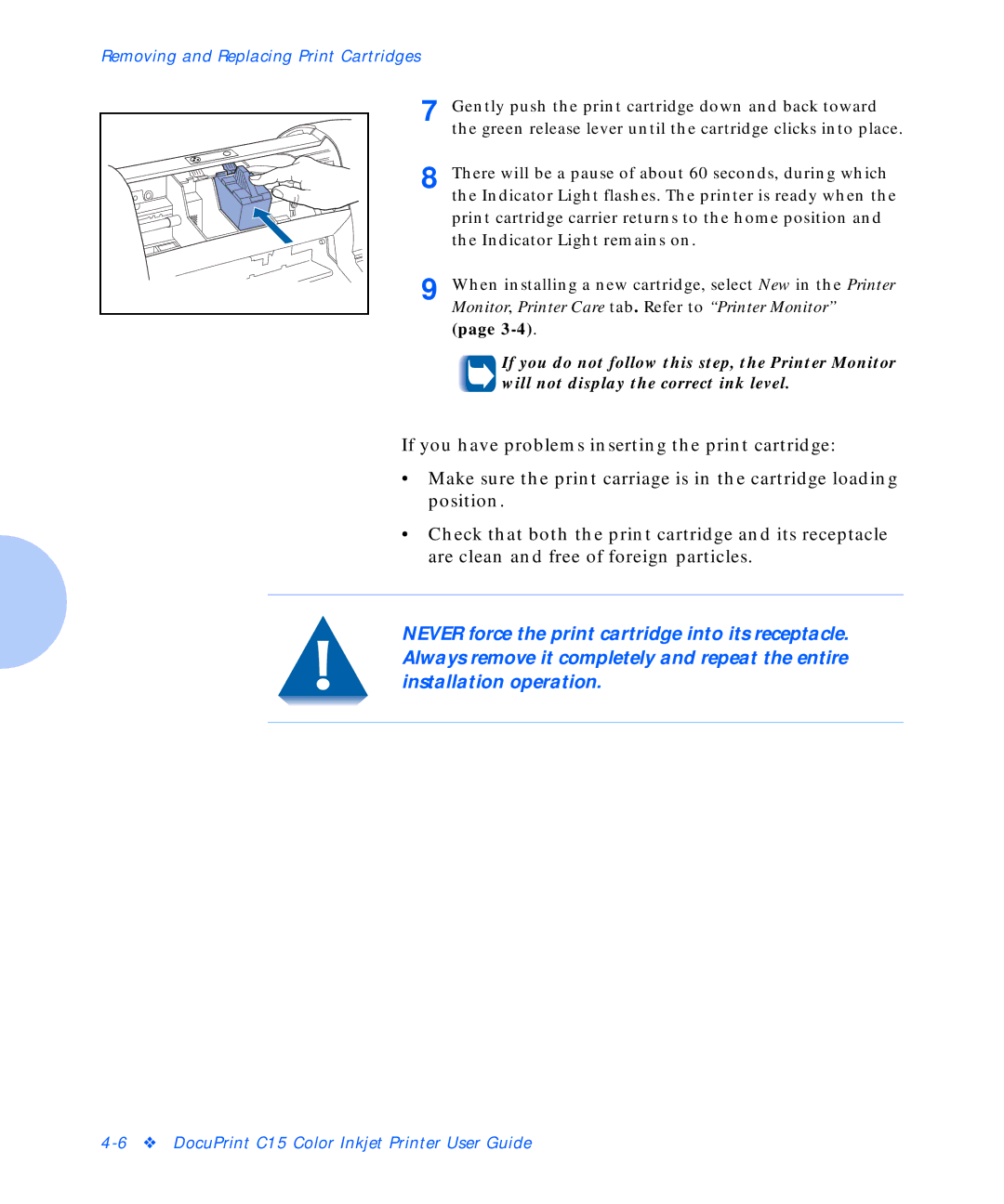 Xerox C15 manual Removing and Replacing Print Cartridges 