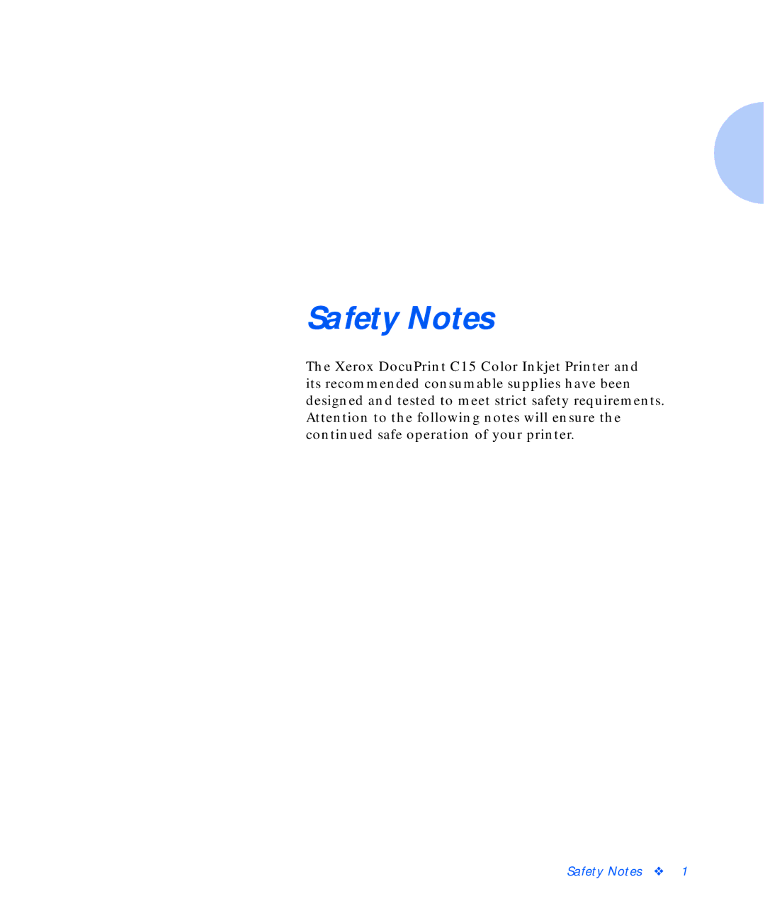 Xerox C15 manual Safety Notes 