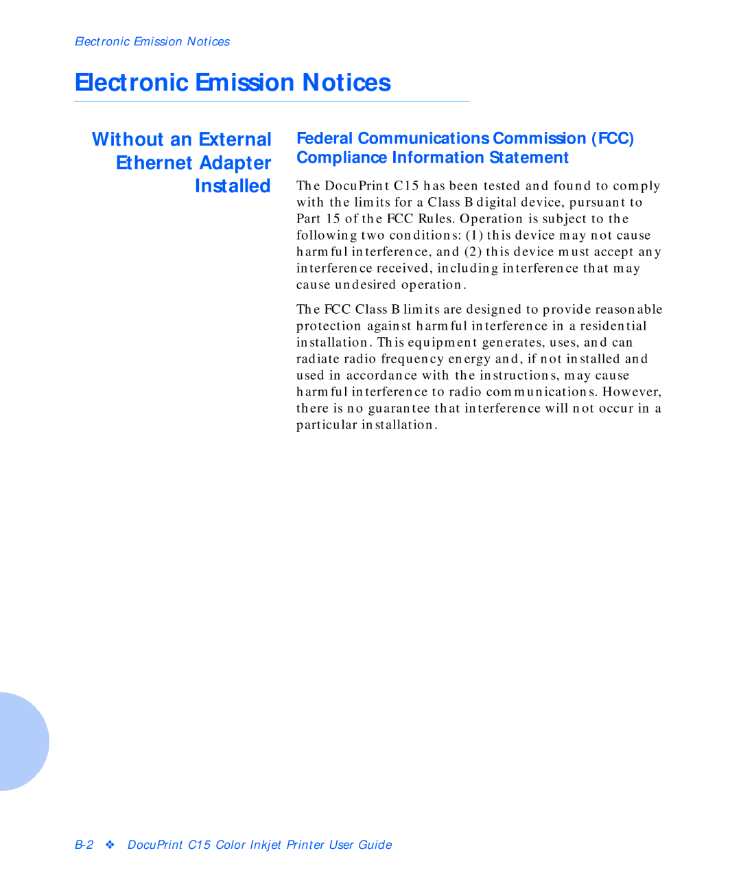 Xerox C15 manual Electronic Emission Notices, Without an External Ethernet Adapter Installed 