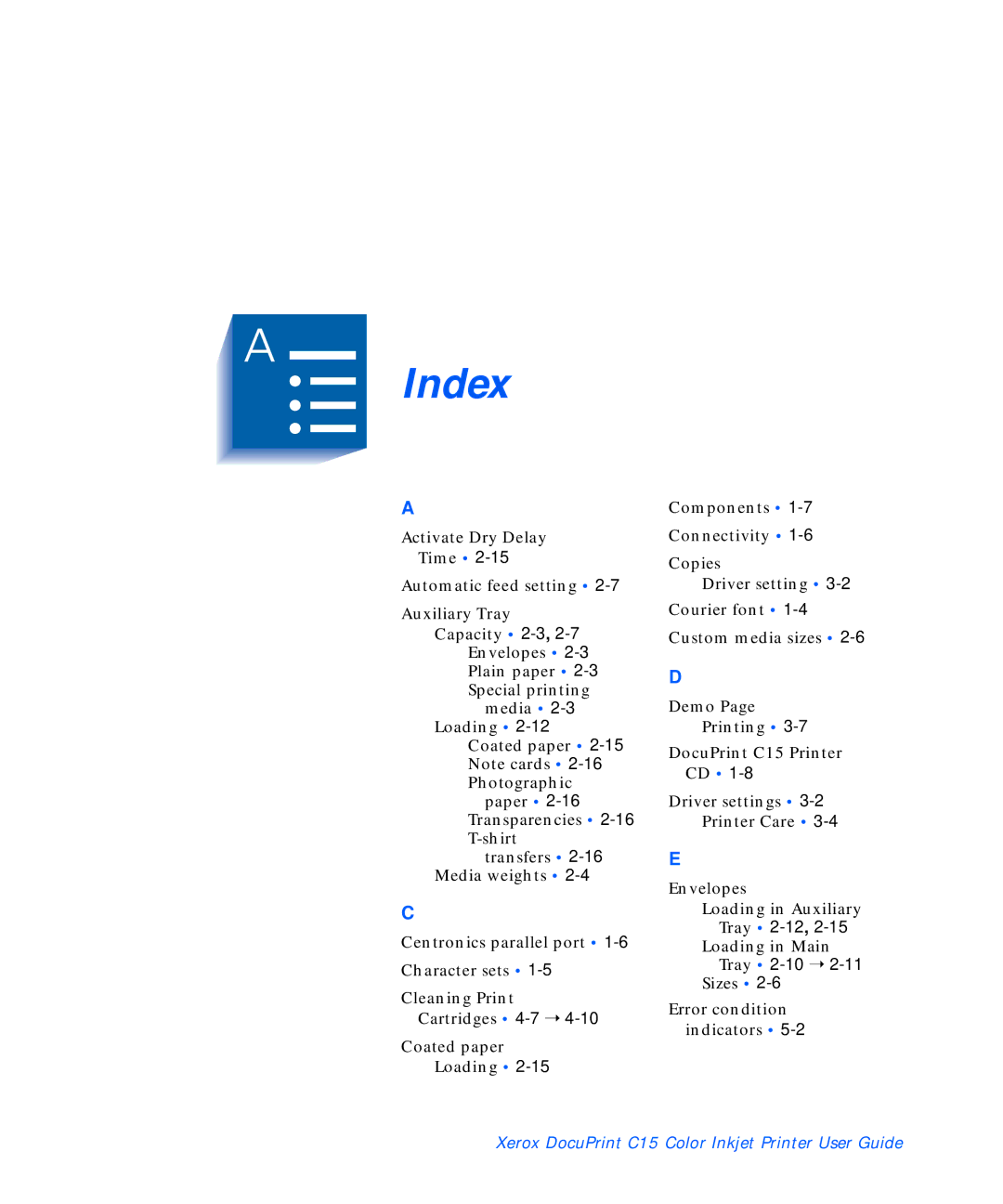 Xerox manual Index, Xerox DocuPrint C15 Color Inkjet Printer User Guide 