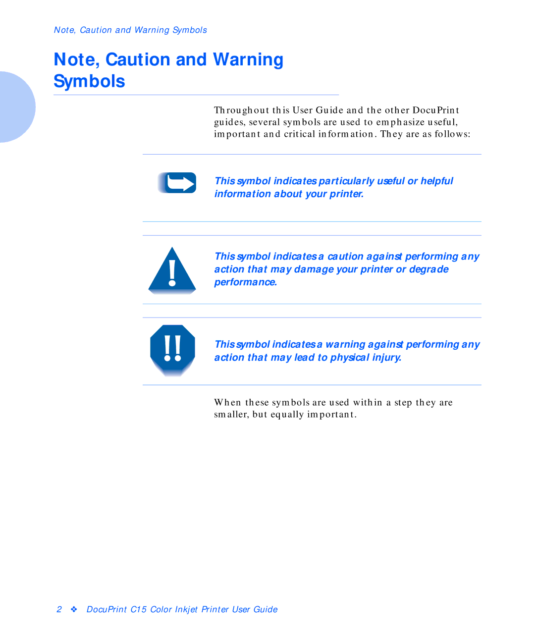 Xerox C15 manual Symbols 