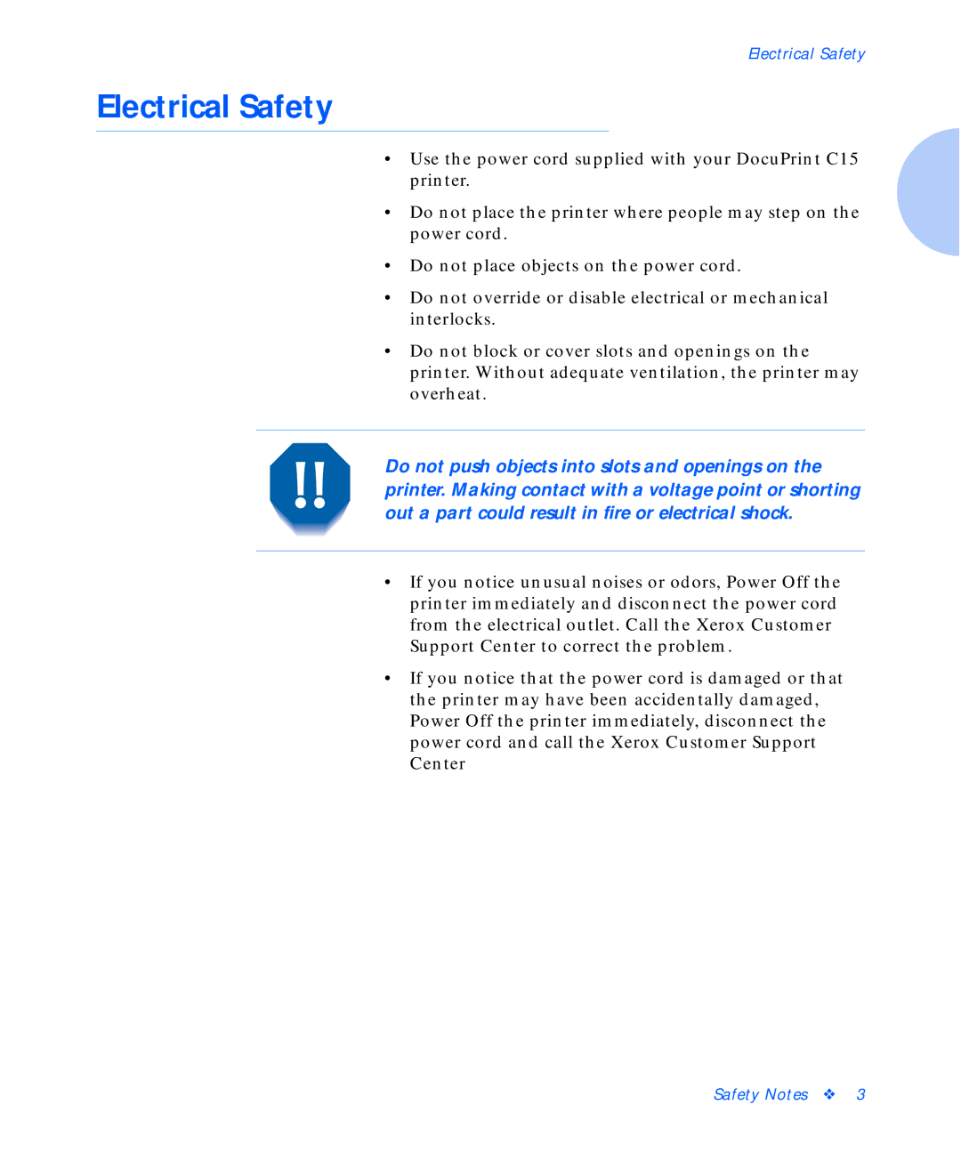 Xerox C15 manual Electrical Safety 