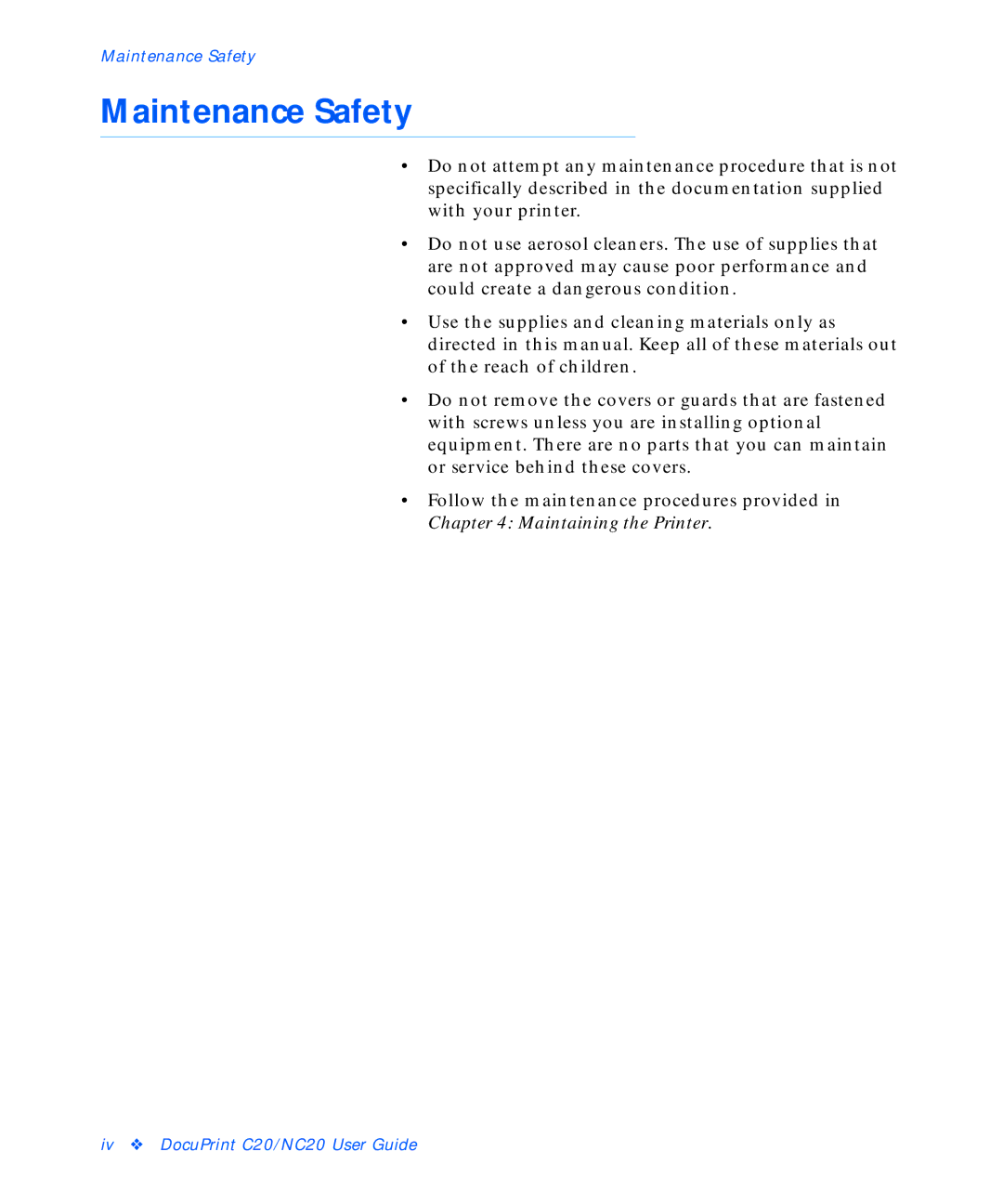 Xerox C20 manual Maintenance Safety 