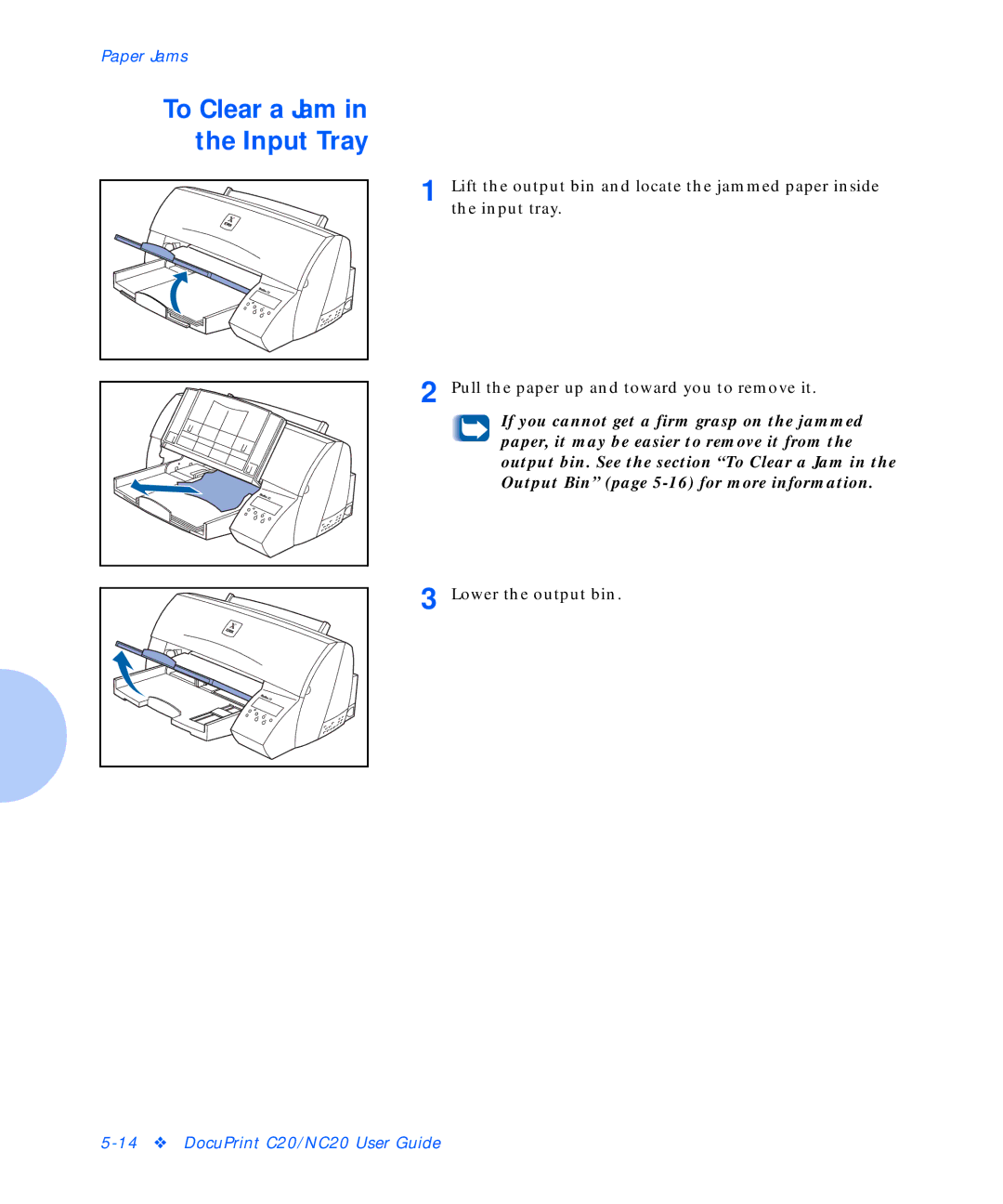 Xerox C20 manual To Clear a Jam in the Input Tray 