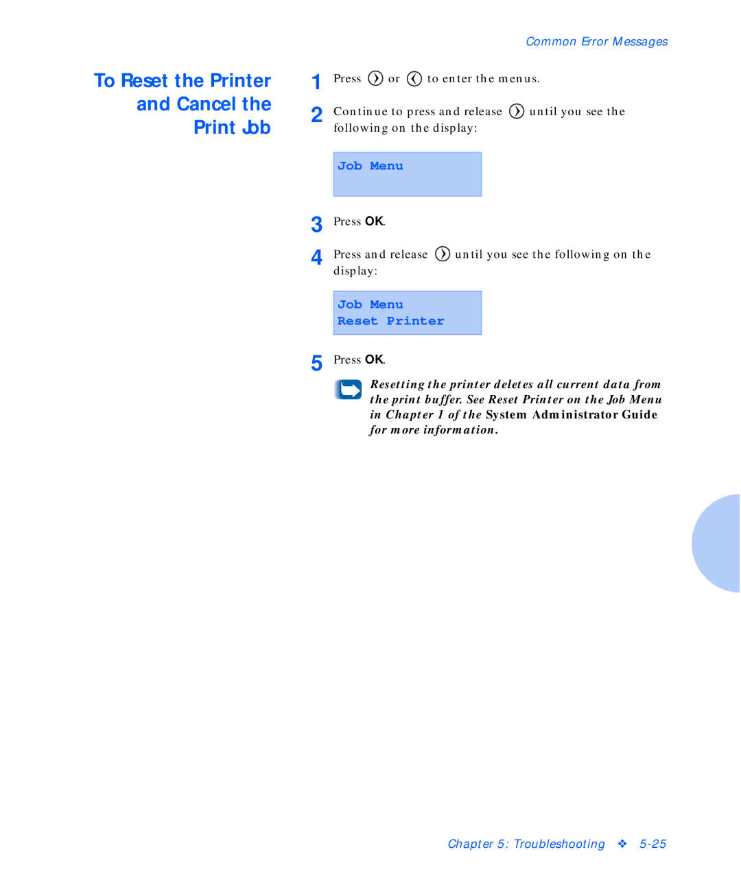 Xerox C20 manual To Reset the Printer Cancel Print Job, Job Menu Reset Printer 