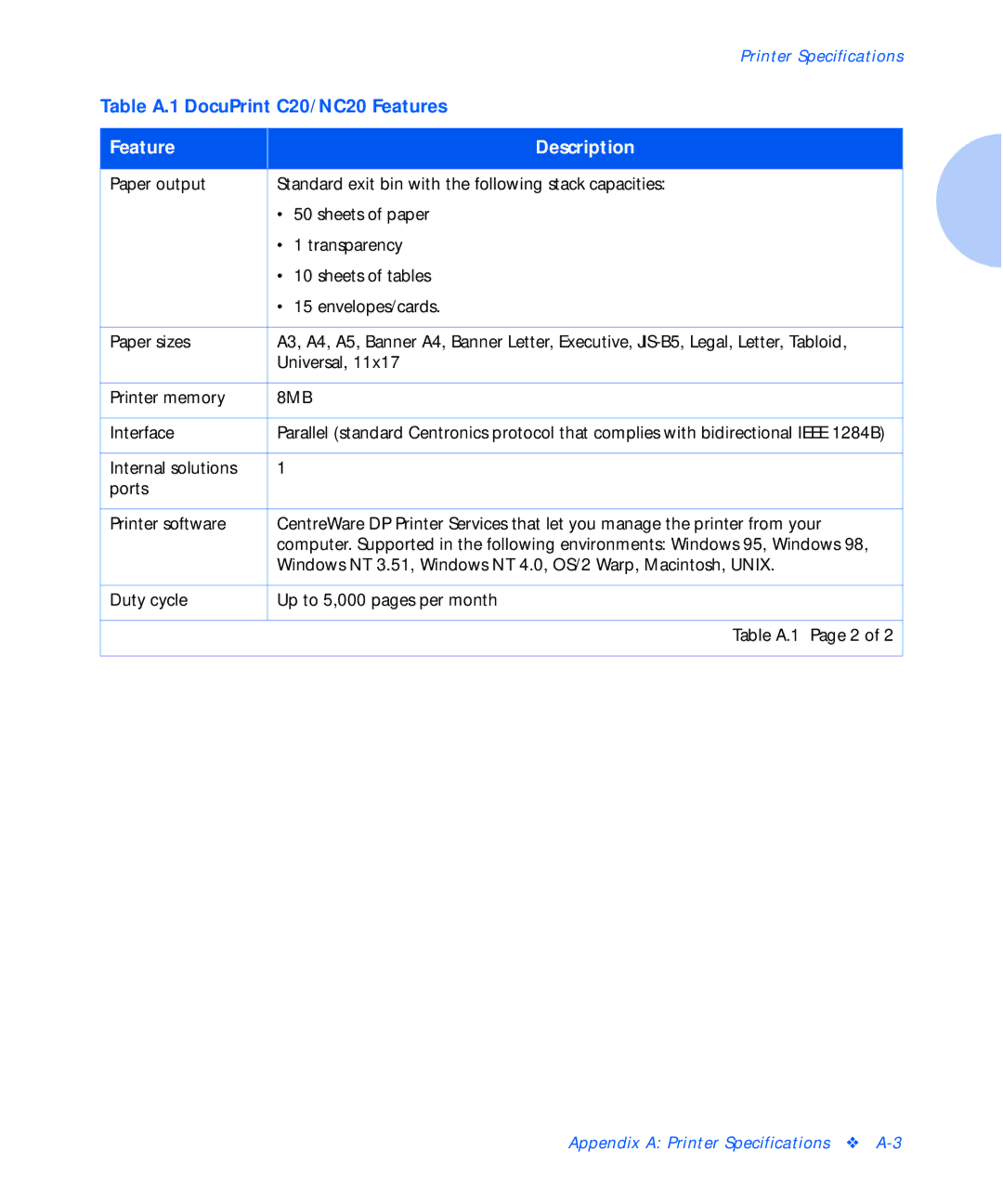 Xerox C20 manual Appendix a Printer Specifications A-3 