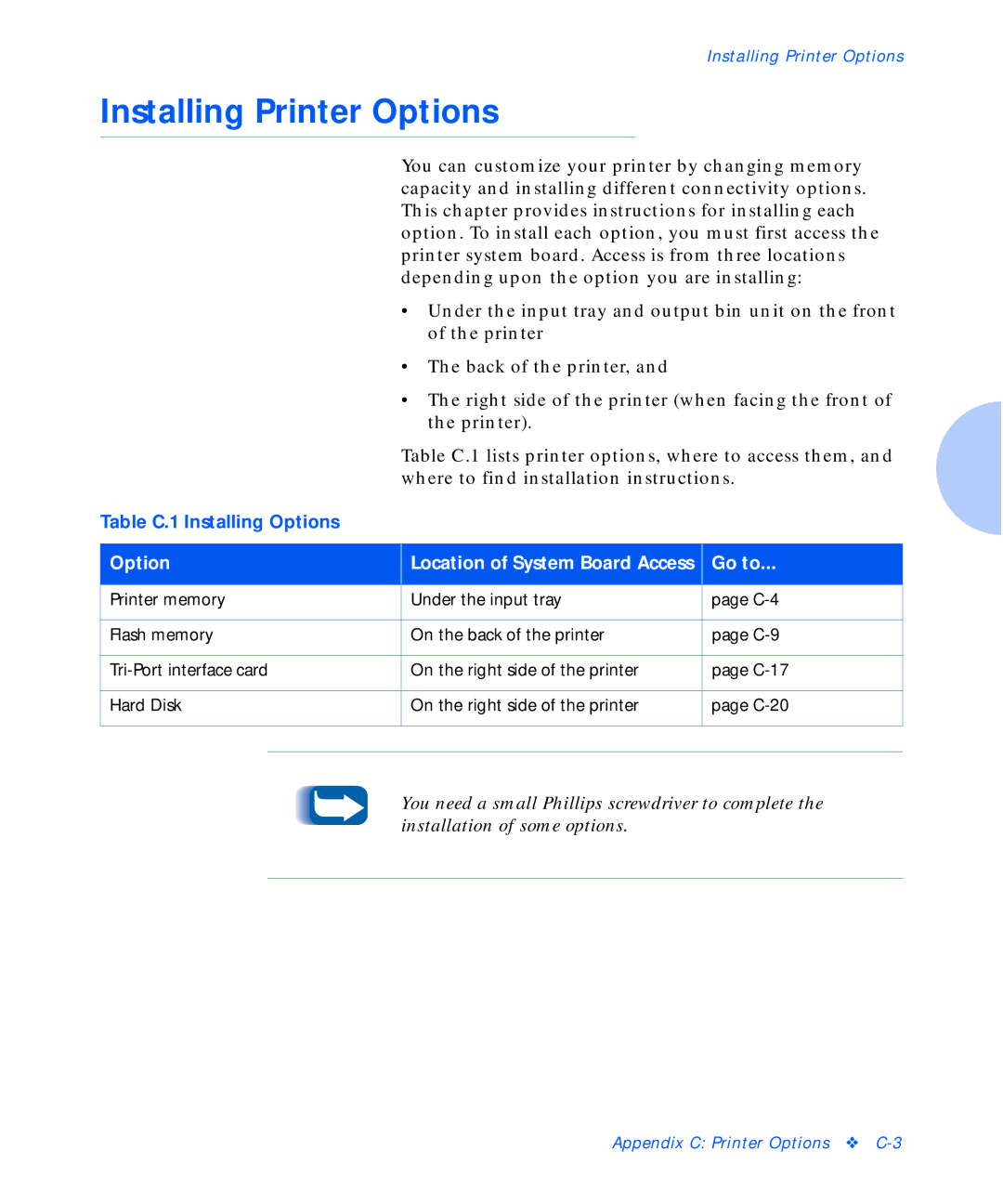 Xerox C20 manual Installing Printer Options, Go to 