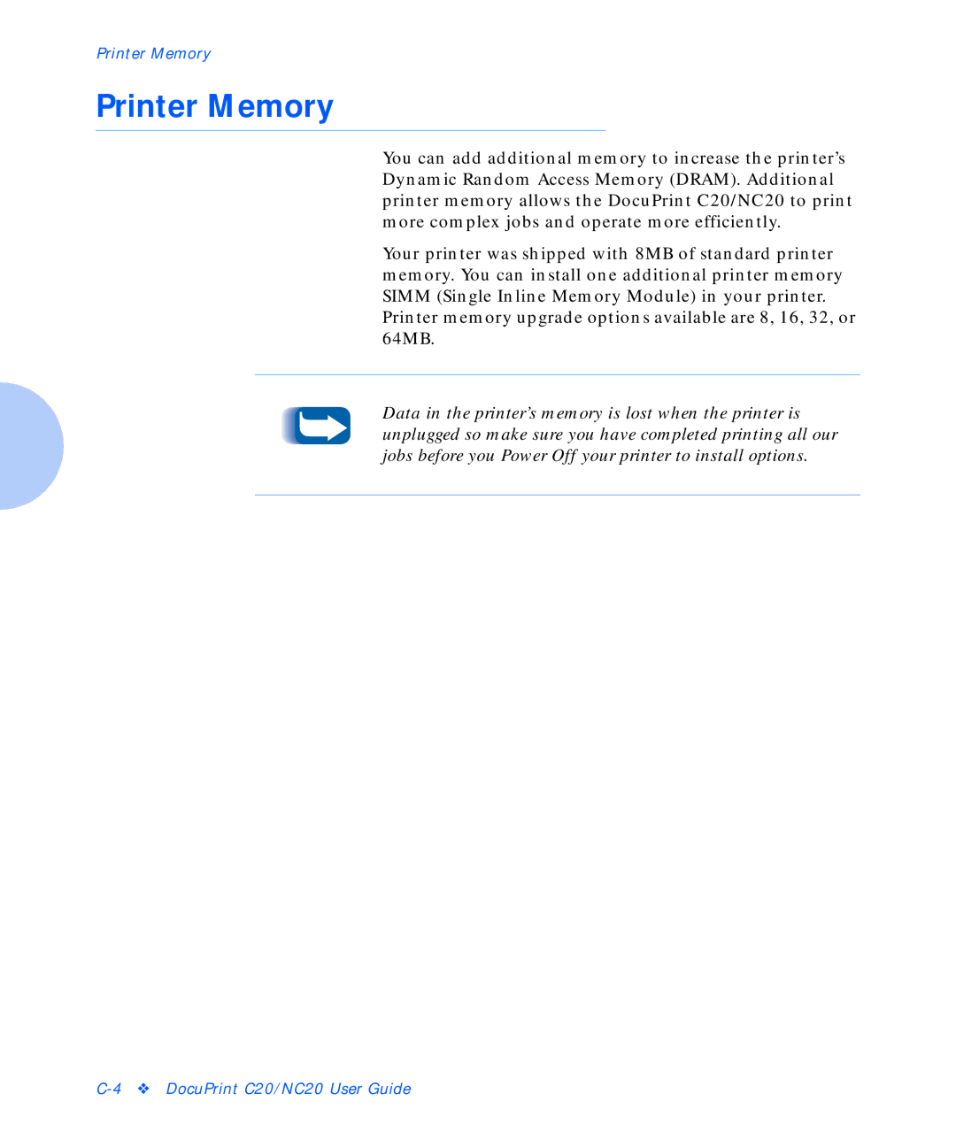 Xerox C20 manual Printer Memory 