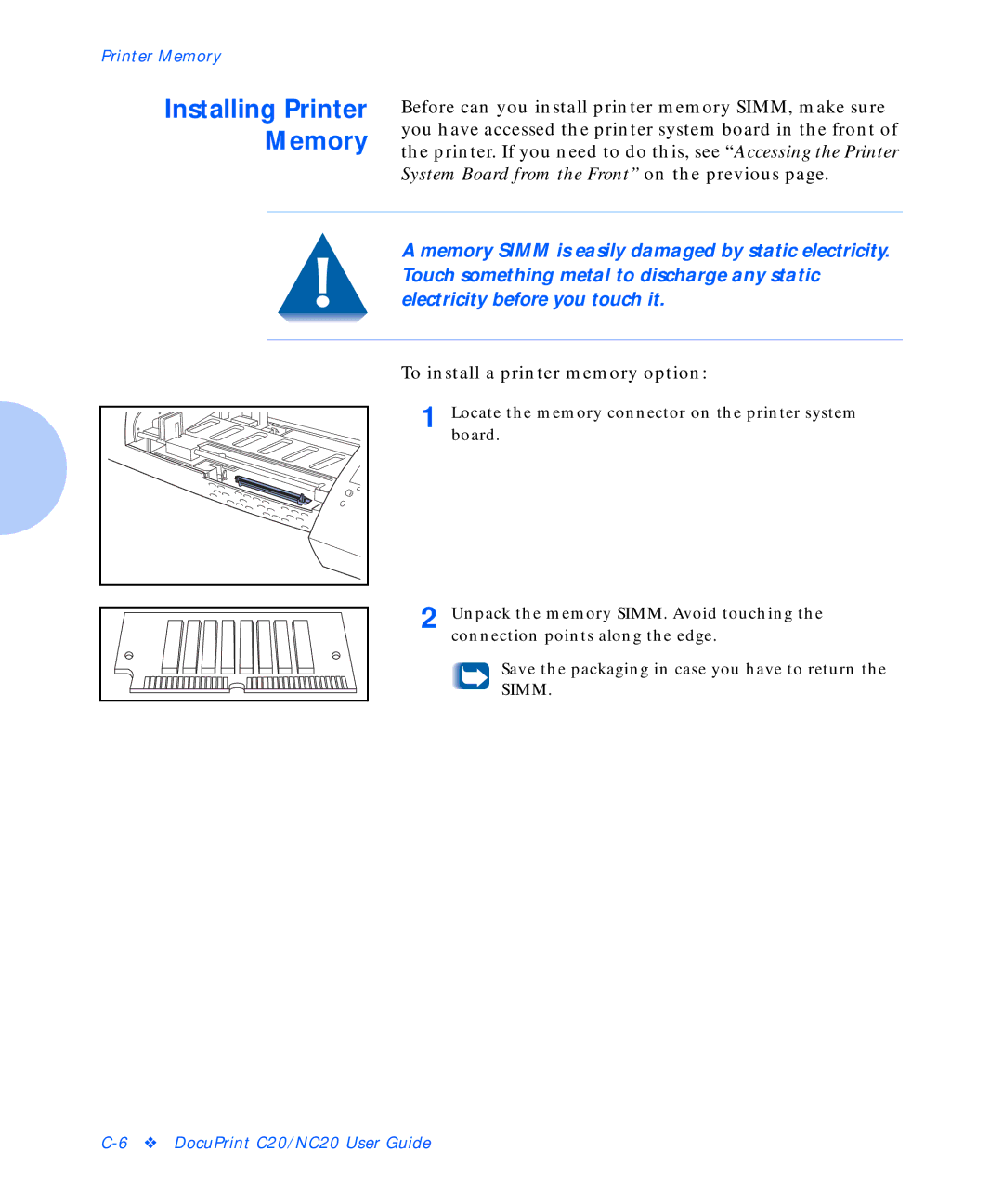 Xerox C20 manual Installing Printer, Memory 