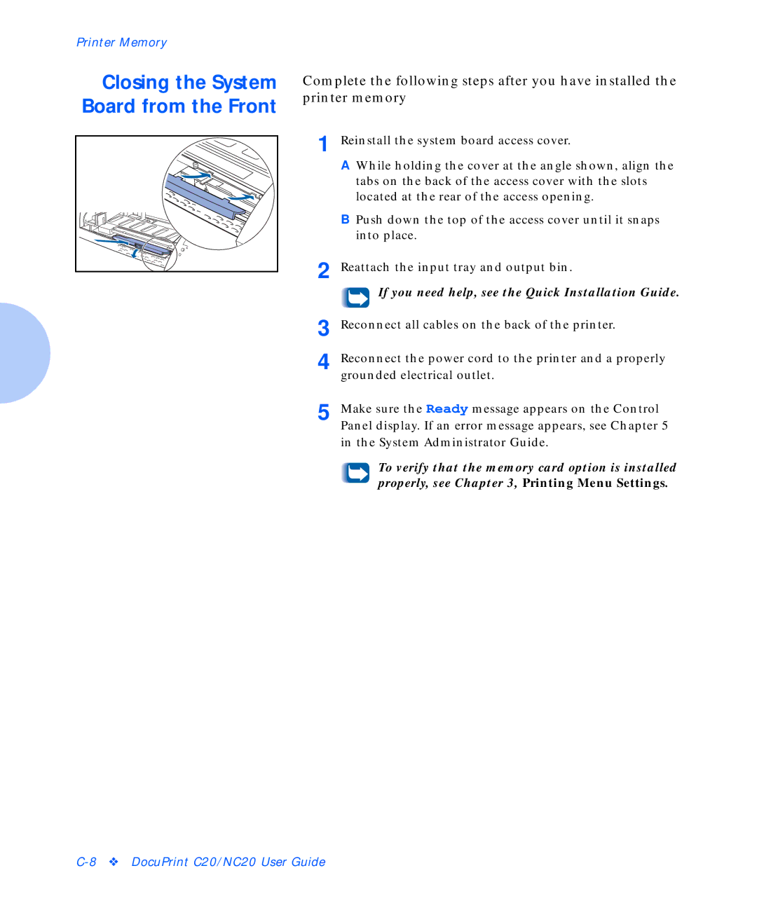 Xerox C20 manual Closing the System Board from the Front 