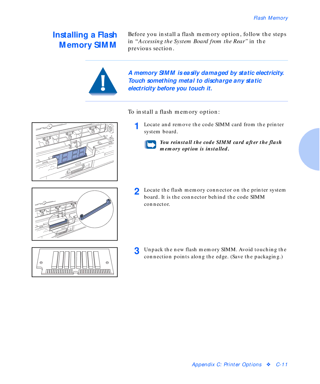 Xerox C20 manual Memory Simm, To install a flash memory option 