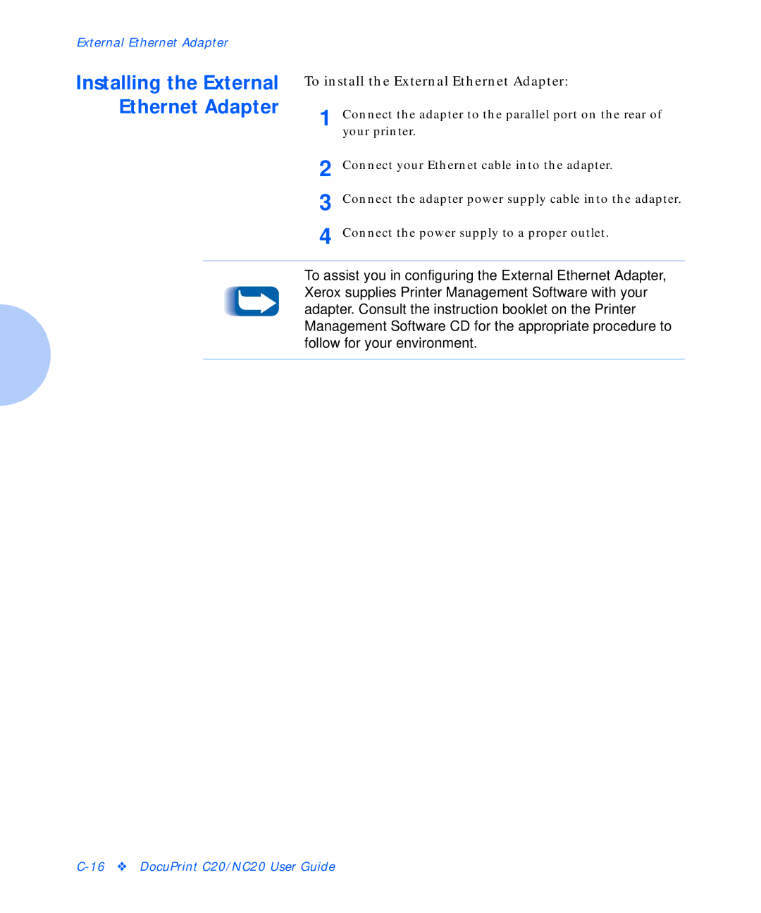 Xerox C20 manual Installing the External Ethernet Adapter, To install the External Ethernet Adapter 