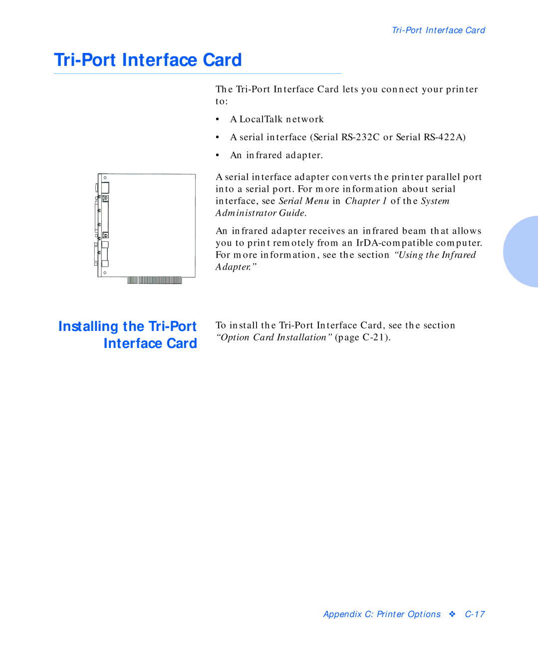 Xerox C20 manual Installing the Tri-Port Interface Card 