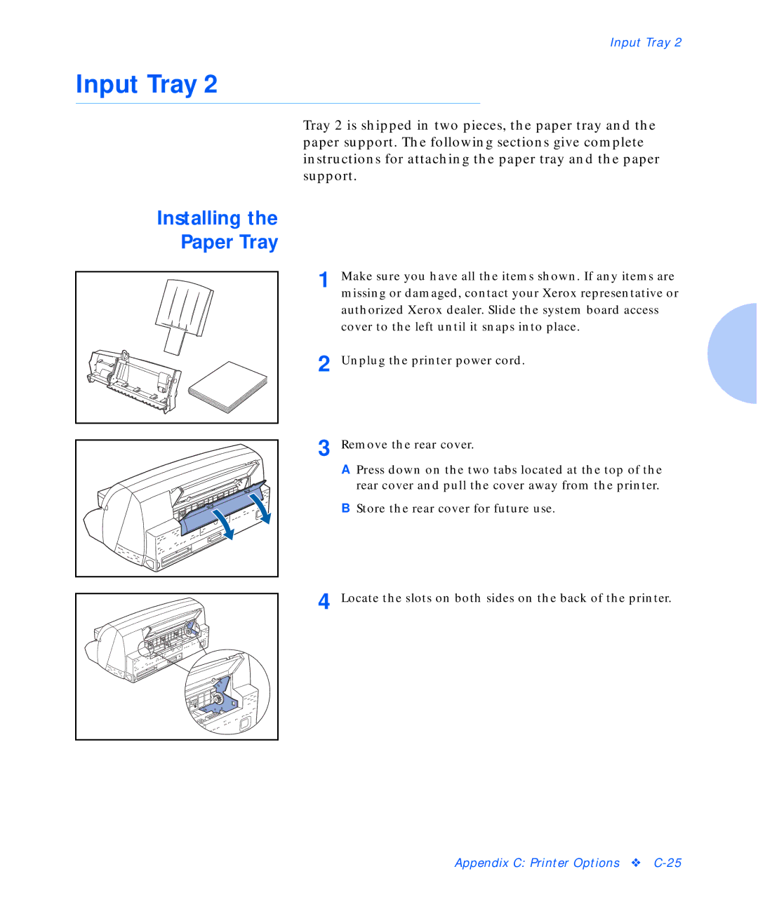 Xerox C20 manual Input Tray, Installing Paper Tray 