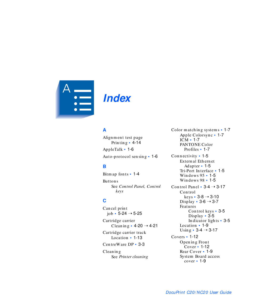 Xerox C20 manual Index, Job 5-24 