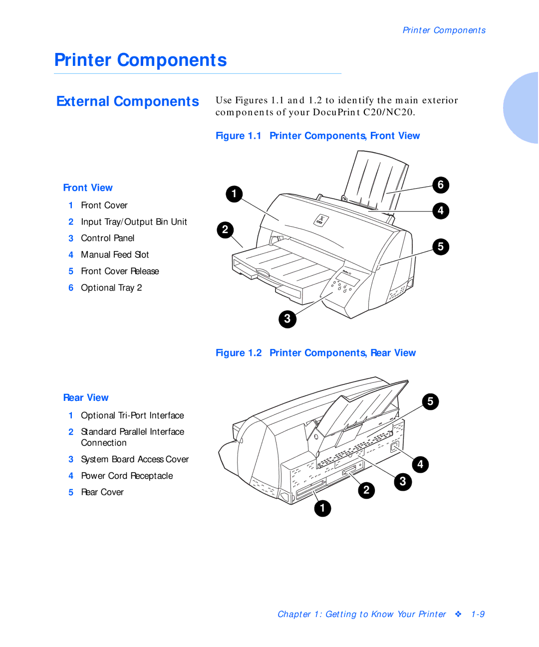 Xerox C20 manual Printer Components, Rear View 