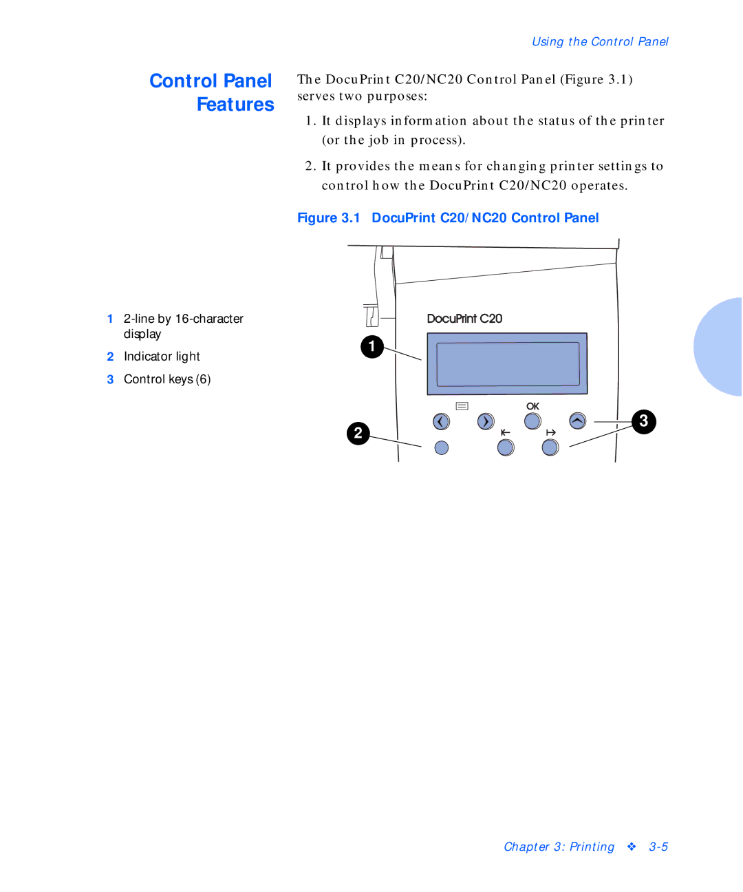 Xerox manual Control Panel Features, DocuPrint C20/NC20 Control Panel 