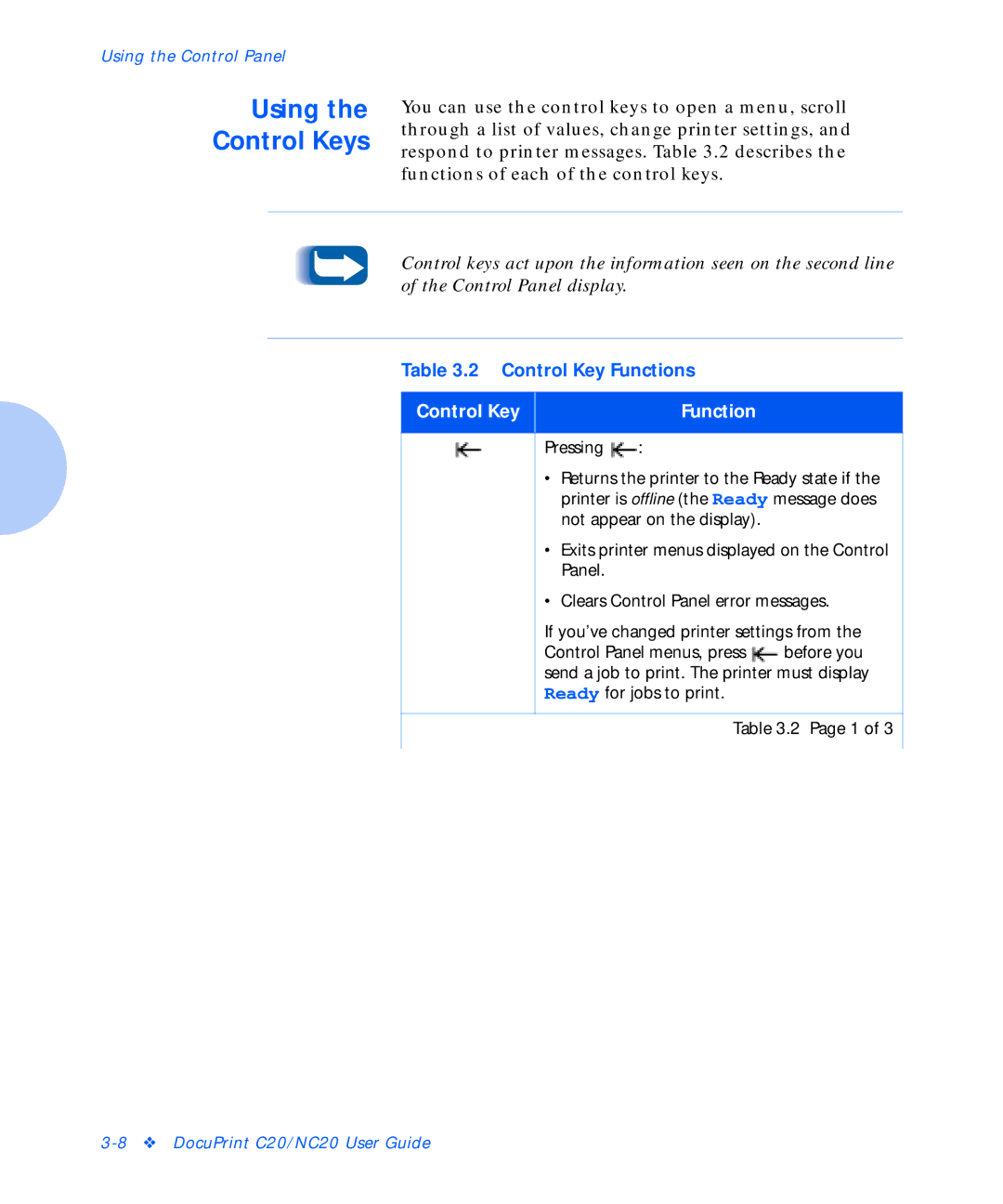 Xerox C20 manual Using the Control Keys, Control Key Function 