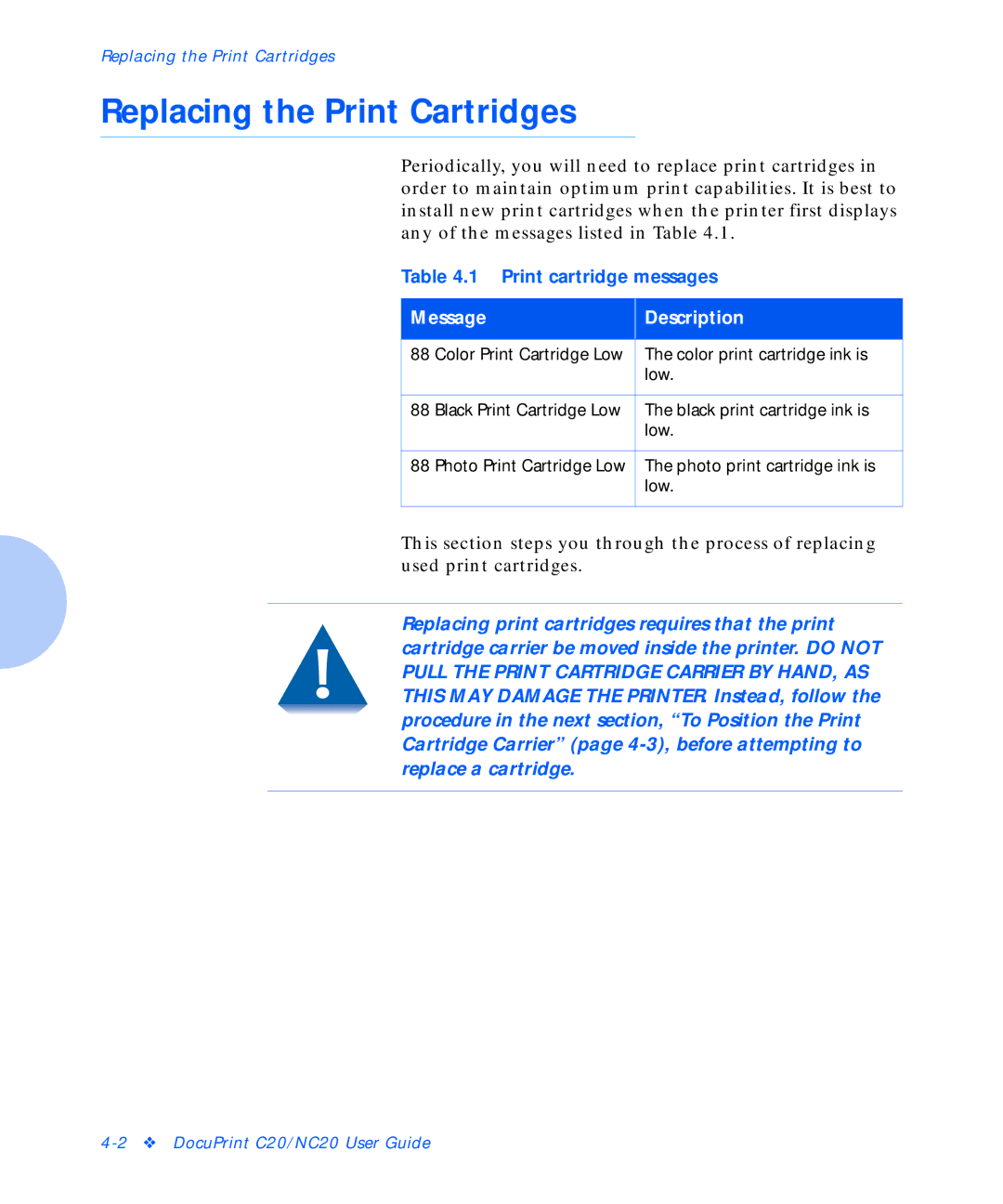 Xerox C20 manual Replacing the Print Cartridges, Message Description 