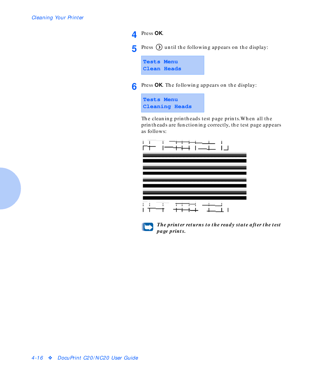 Xerox C20 manual Tests Menu Clean Heads, Tests Menu Cleaning Heads 