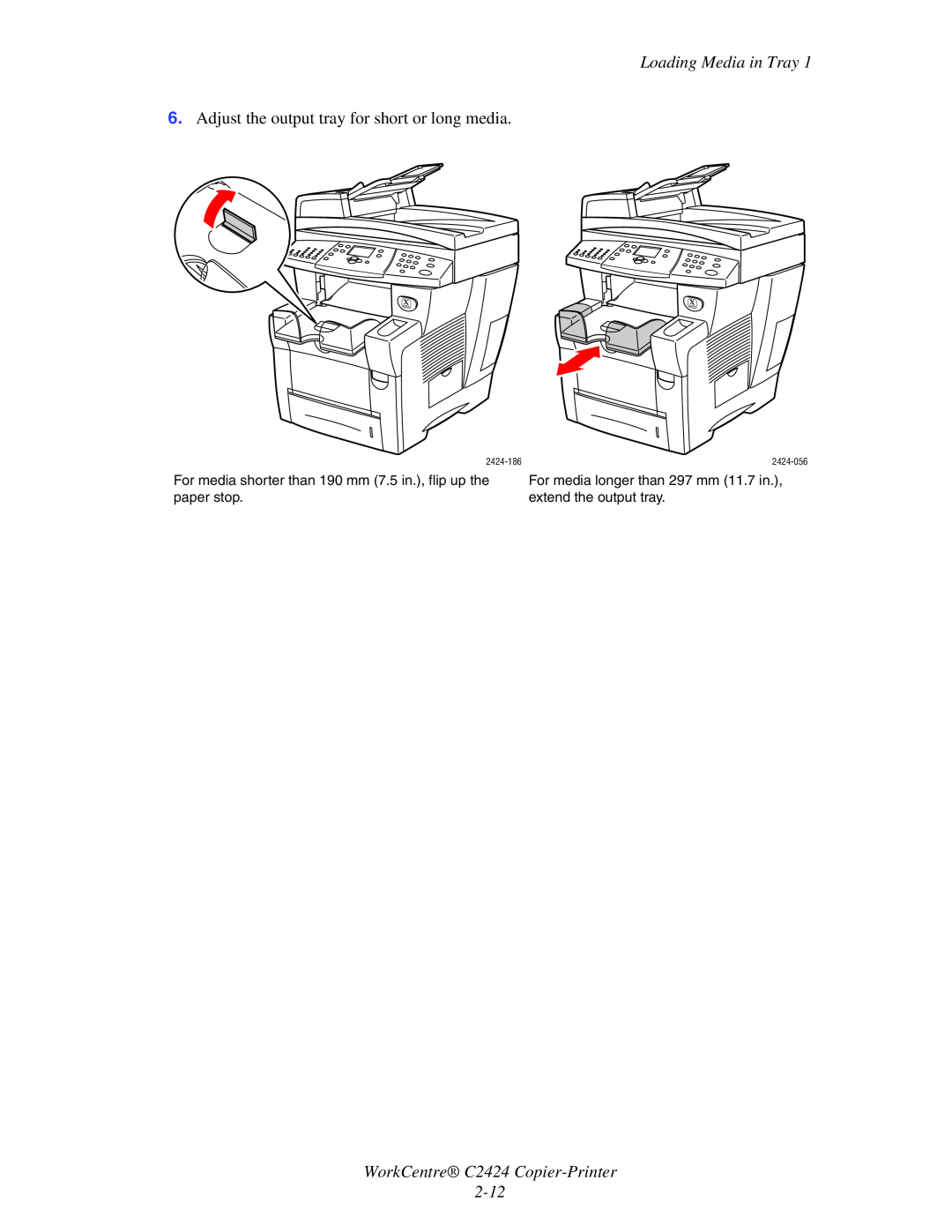 Xerox manual WorkCentre C2424 Copier-Printer, Loading Media in Tray, For media longer than 297 mm 11.7 in, paper stop 
