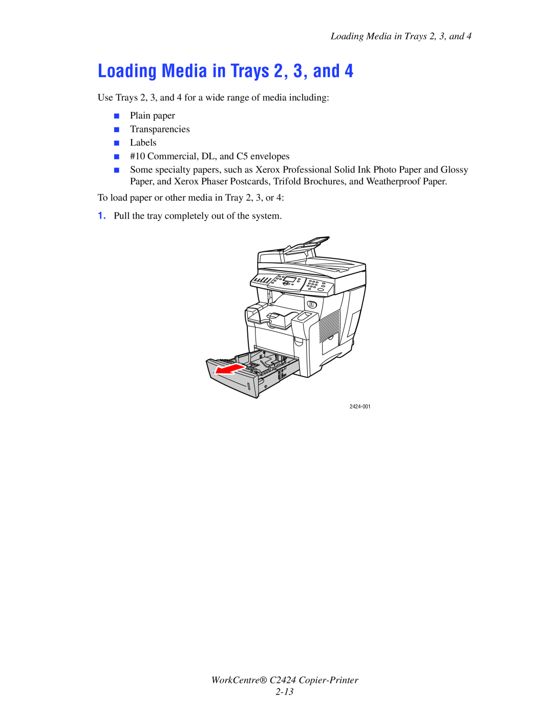 Xerox manual Loading Media in Trays 2, 3, and, WorkCentre C2424 Copier-Printer 