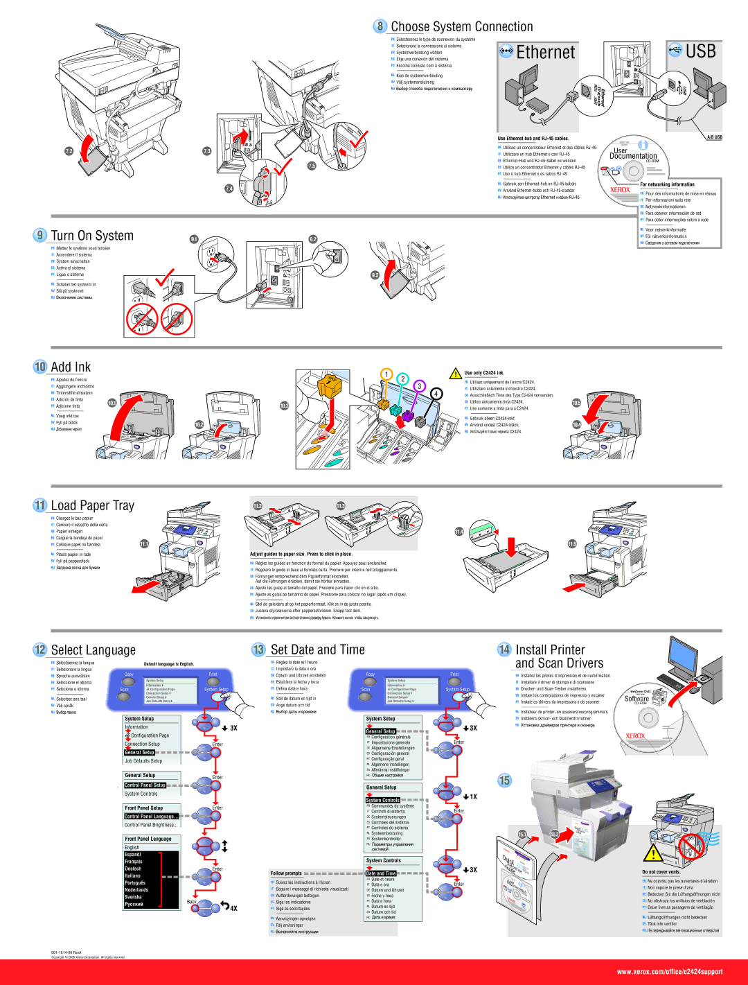 Xerox C2424 setup guide Choose System Connection, Turn On System, Add Ink, Load Paper Tray, Set Date and Time 