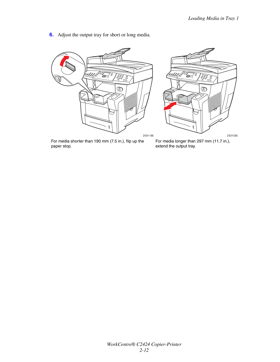 Xerox C2424 manual Adjust the output tray for short or long media 