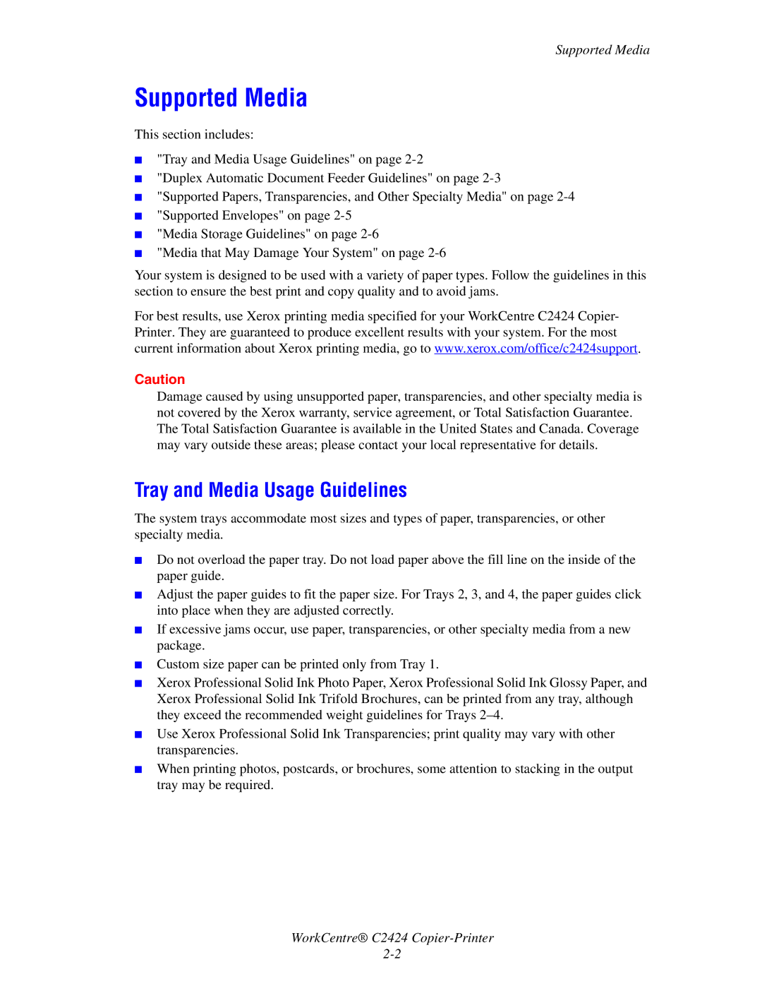 Xerox C2424 manual Supported Media, Tray and Media Usage Guidelines 