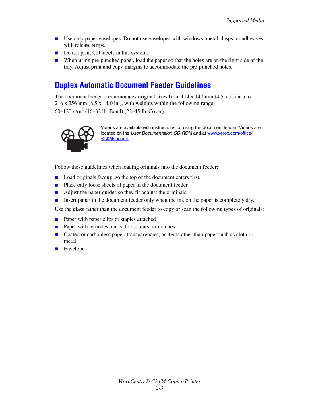 Xerox C2424 manual Duplex Automatic Document Feeder Guidelines 