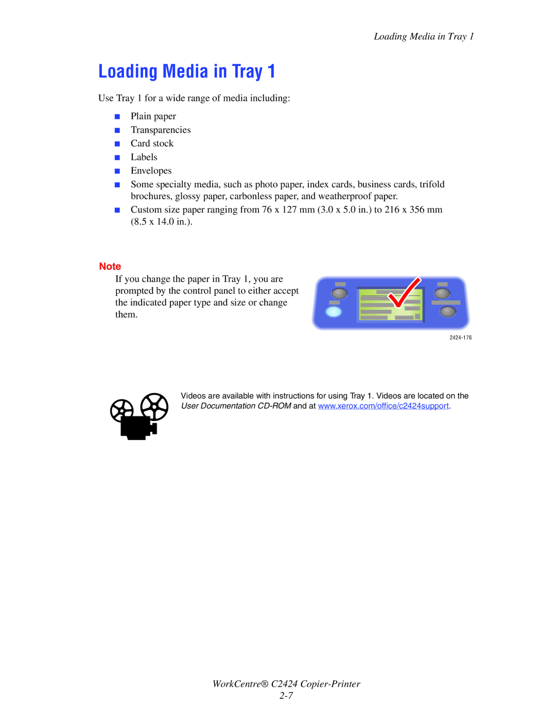 Xerox C2424 manual Loading Media in Tray 