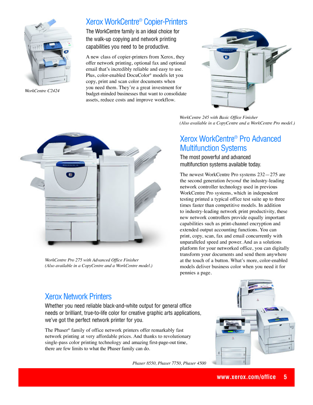 Xerox 275, C3545 manual Xerox WorkCentre Copier-Printers, Xerox Network Printers 