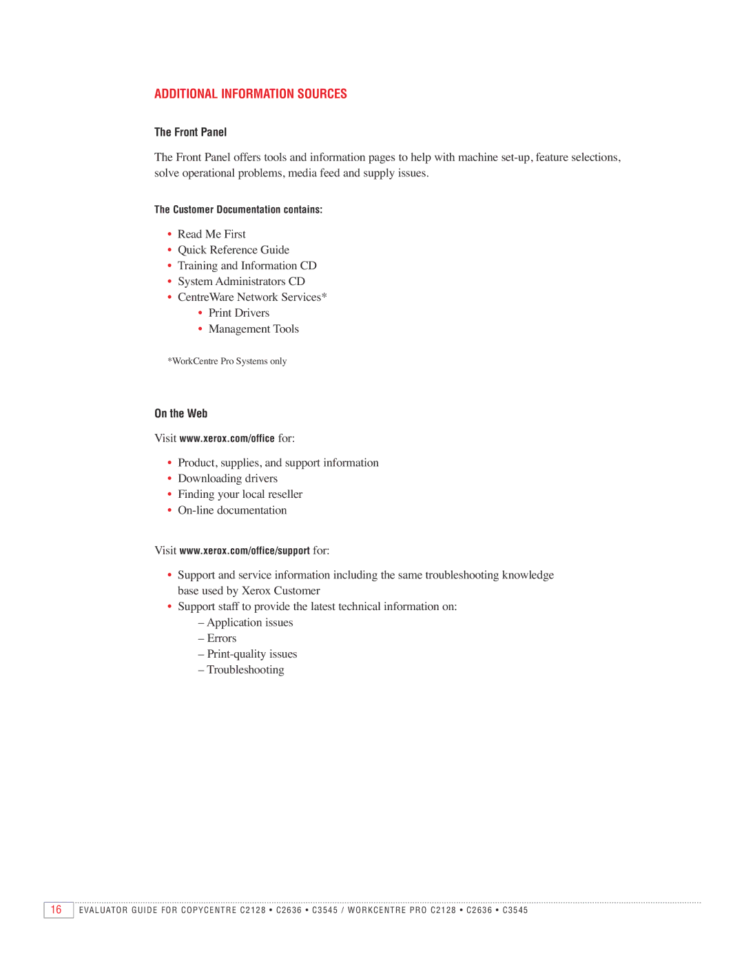 Xerox C3545, C2128, C2636 manual Additional Information Sources, Front Panel 