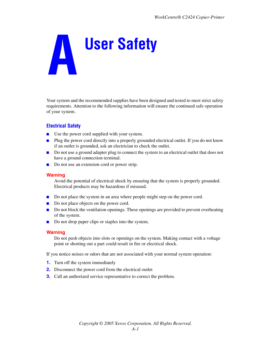 Xerox C424 manual User Safety, Electrical Safety 